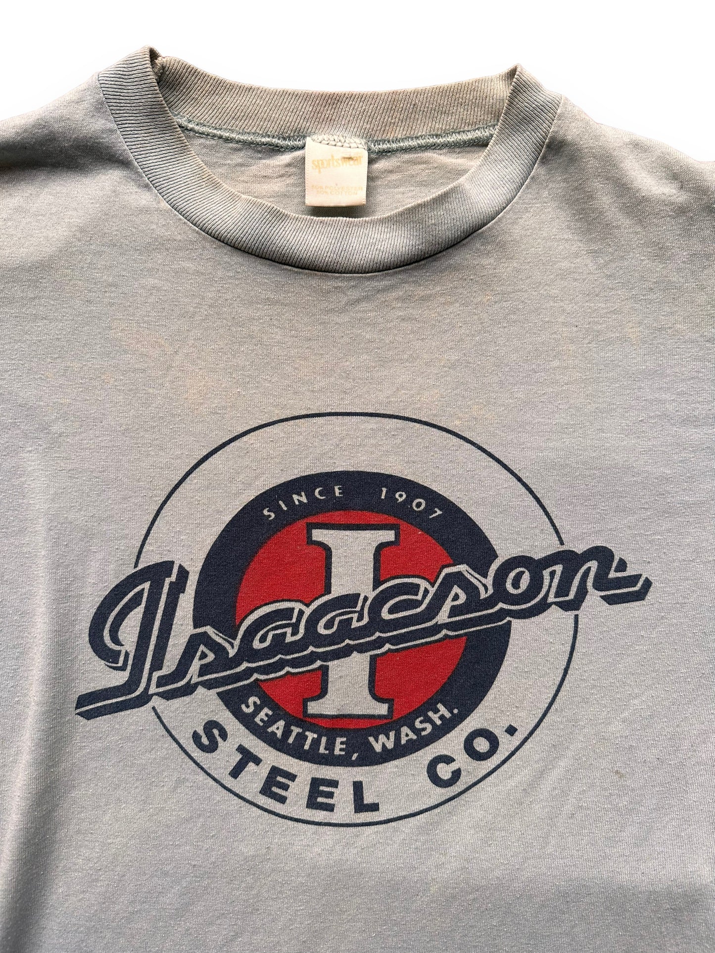 Upper Chest/Tag View of Vintage Isaacson Steel Seattle Tee SZ L |  Vintage Seattle Steel Mill Tee | Barn Owl Vintage Seattle