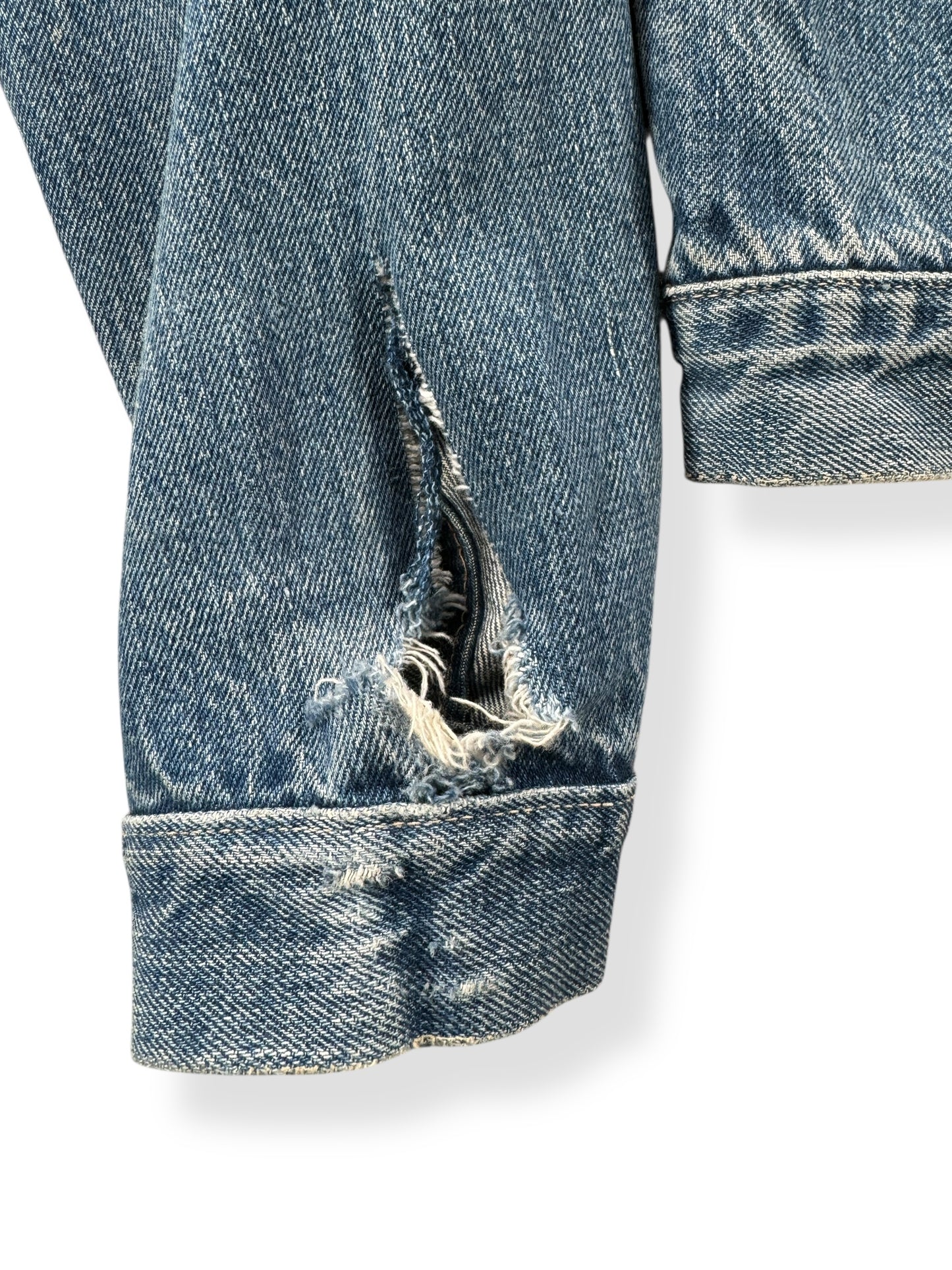Damage on Sleeve of Vintage Ranchcraft Pleated Denim Jacket SZ S AS IS