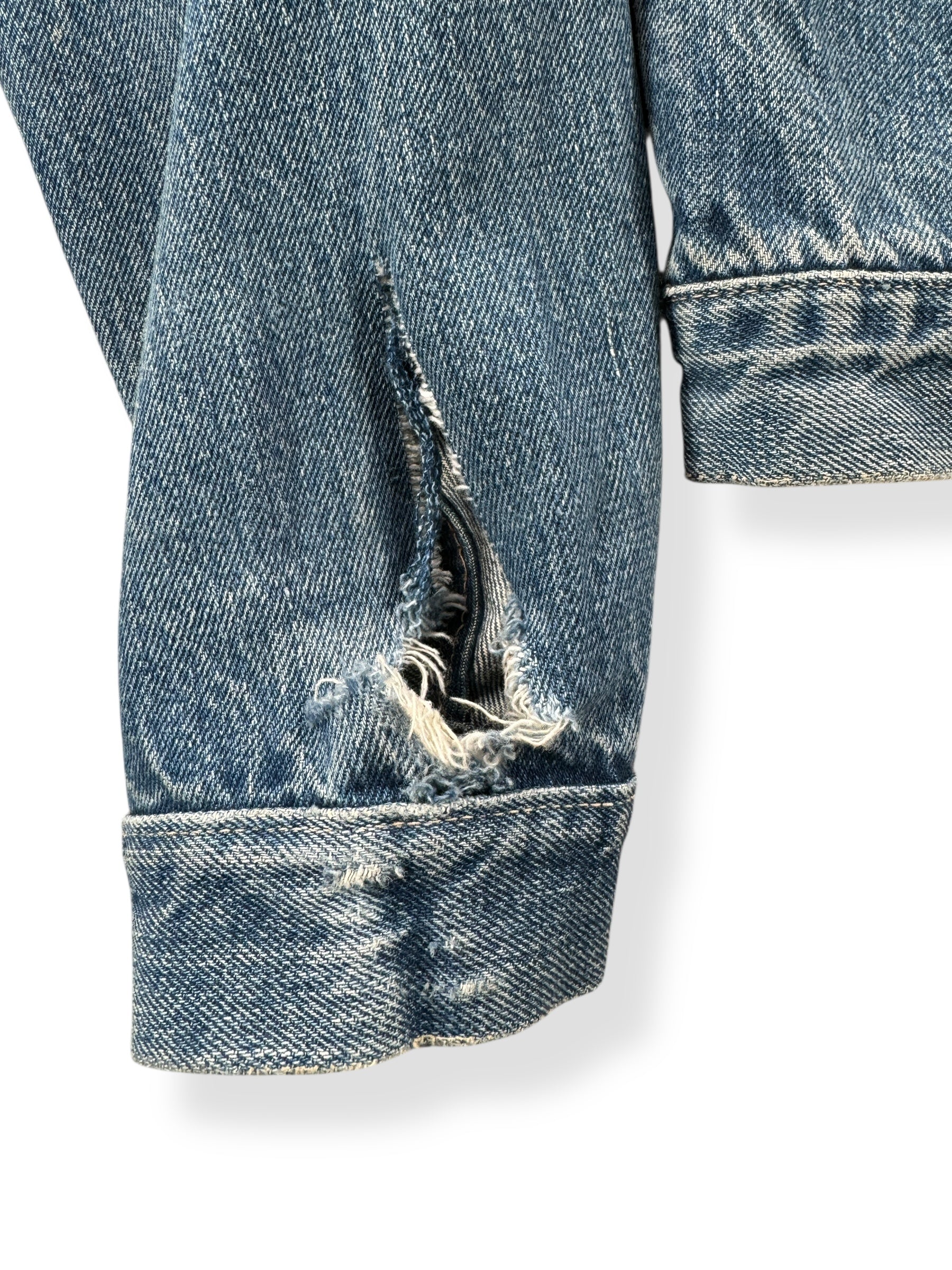 Damage on Sleeve of Vintage Ranchcraft Pleated Denim Jacket SZ S AS IS