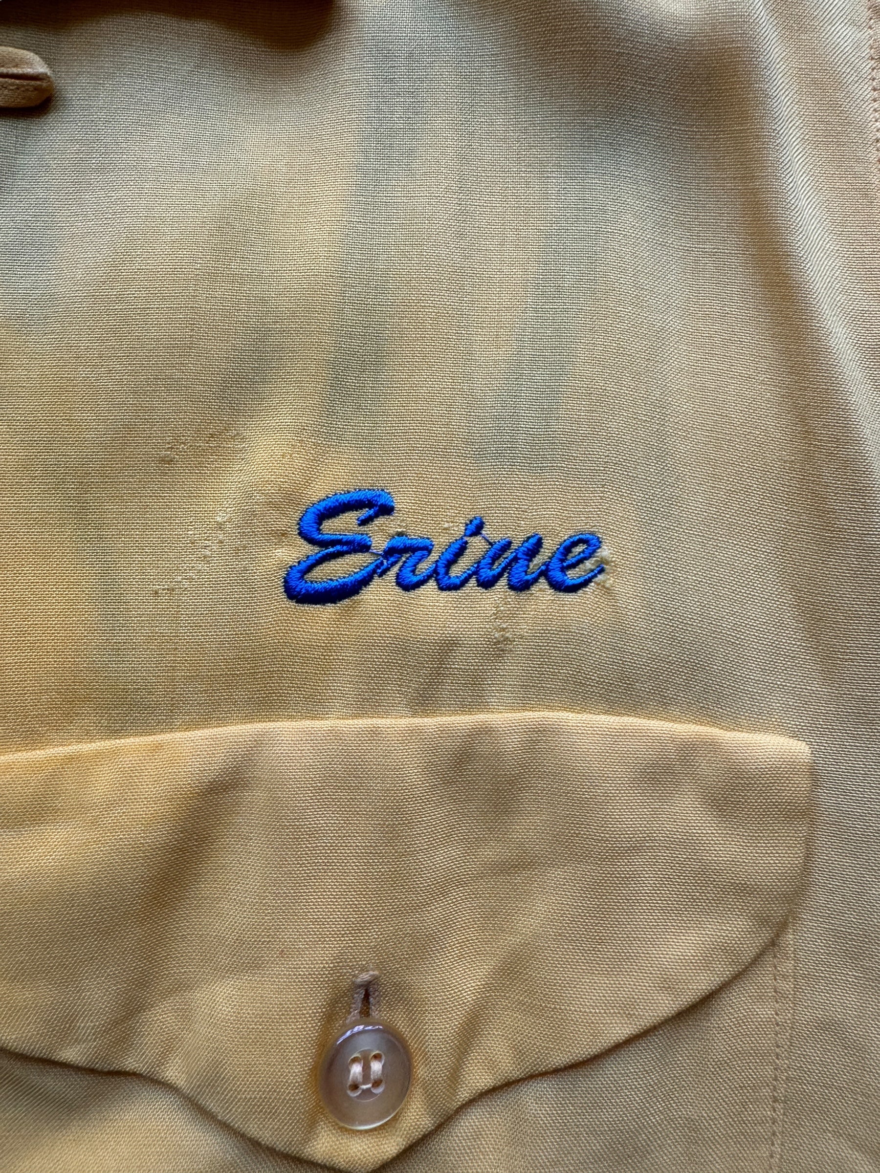 name embroidered on Vintage Yellow Rayon Montebello Bowling Shirt SZ L