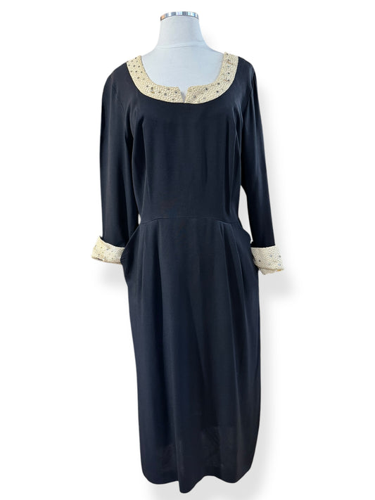 Front of 1940s Black Rayon Dress with Lace Details L