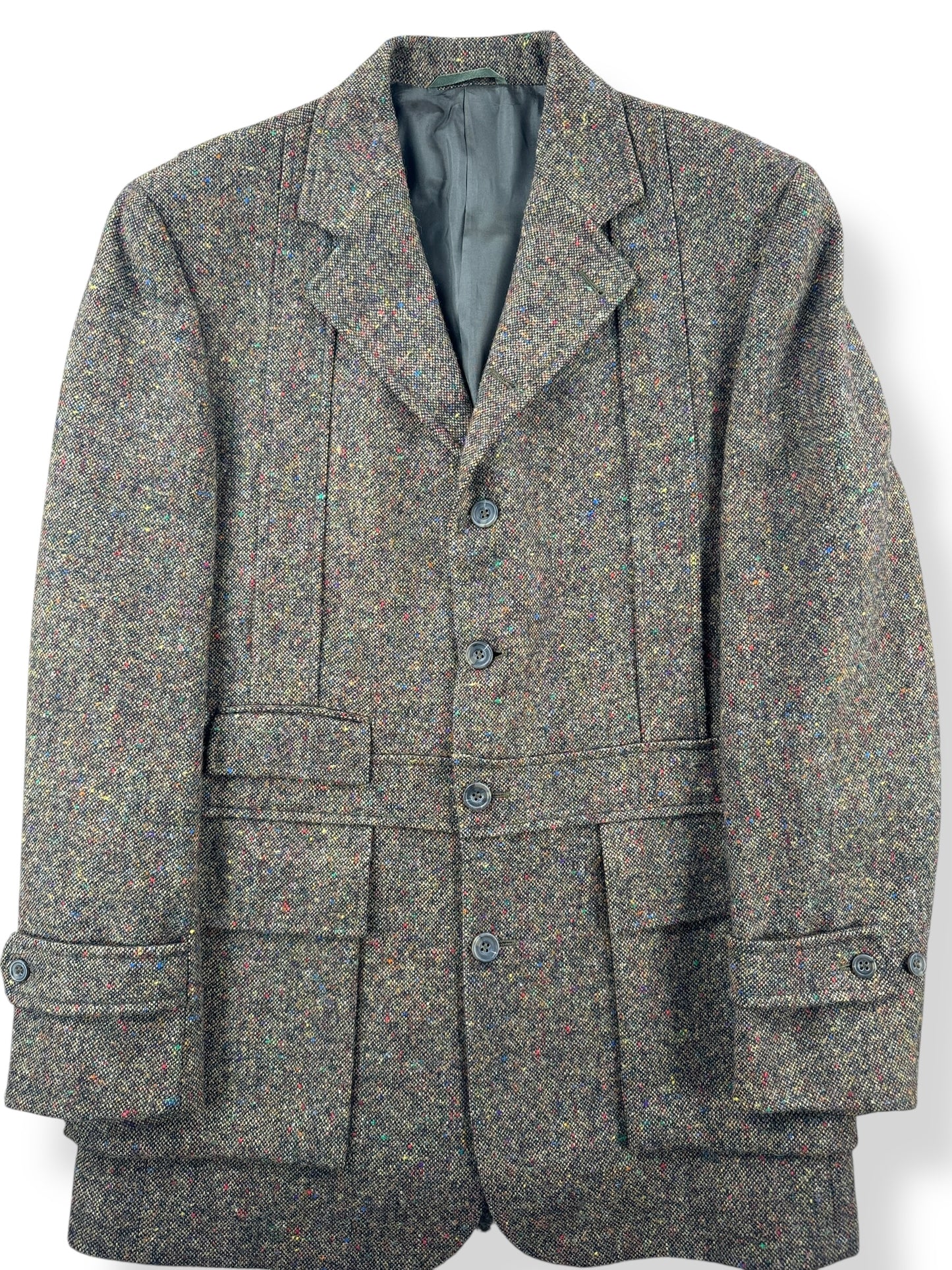Front Close Up of Vintage J Peterman Belted Wool Tweed Jacket SZ M