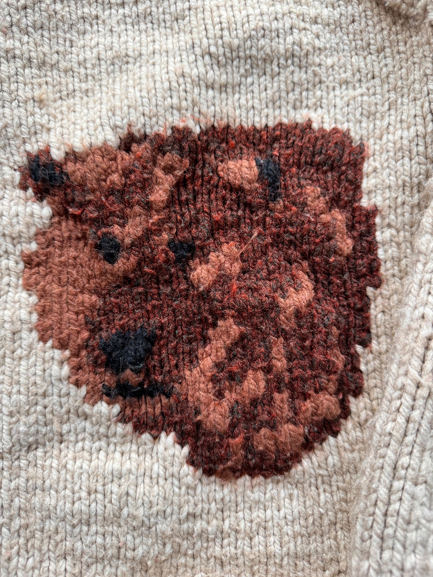 Front Bear Detail on Vintage Bear Themed Cowichan Sweater SZ L