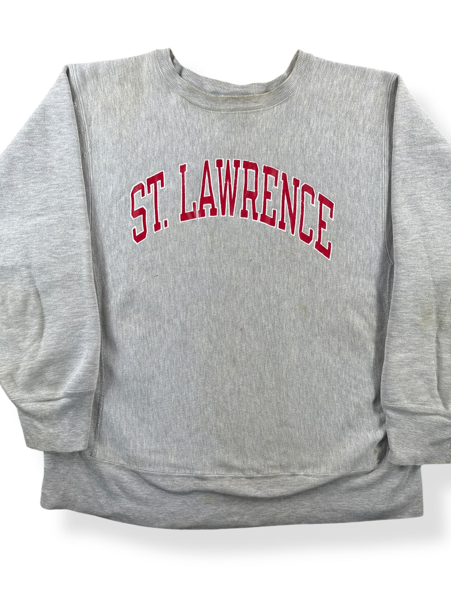 Front Close Up of Vintage St. Lawrence Champion Reverse Weave Crewneck AS IS SZ L