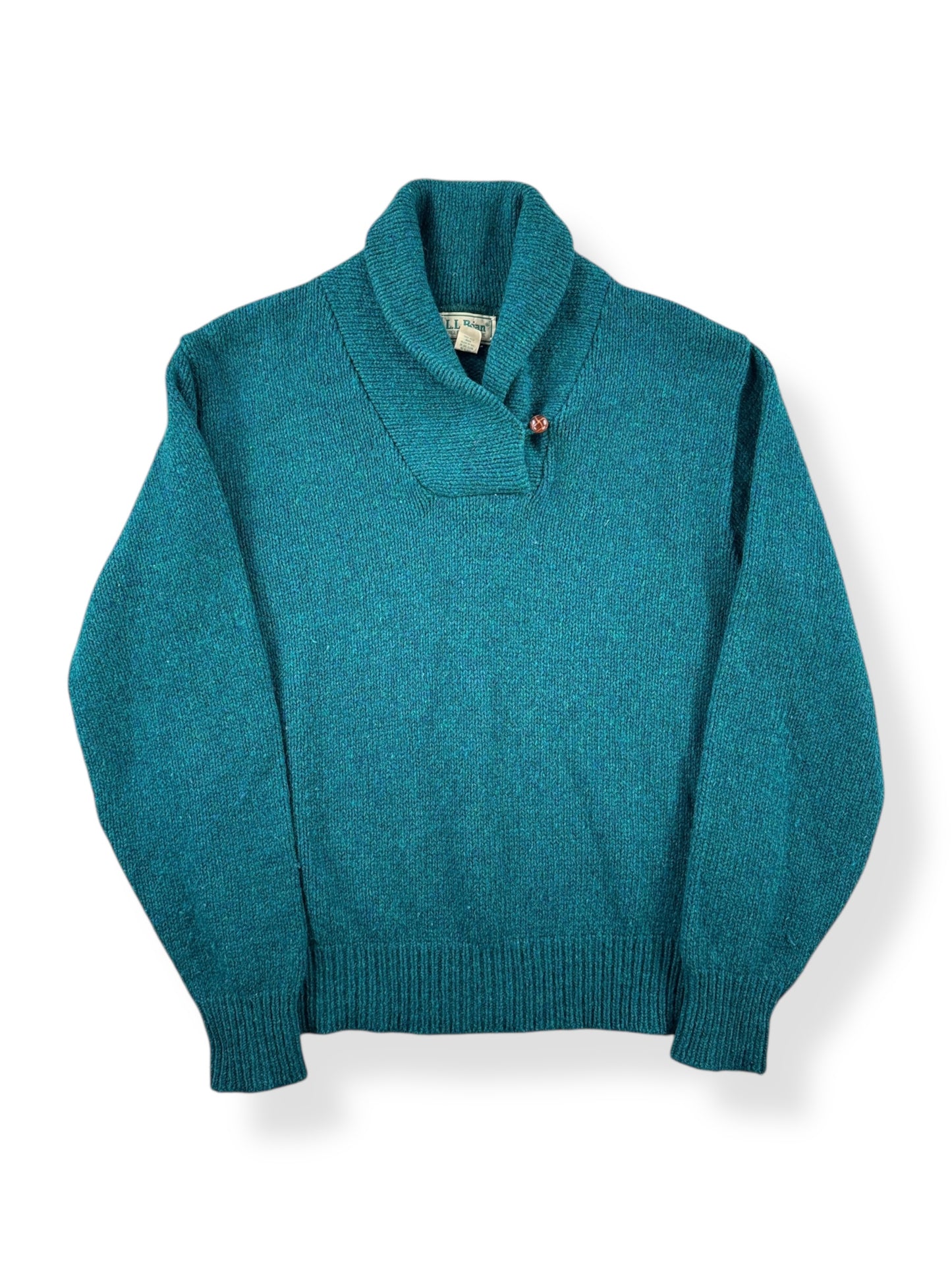 Front of Vintage Ladies L.L. Bean Kelly Green Wool Blend Shawl Collar Sweater SZ M
