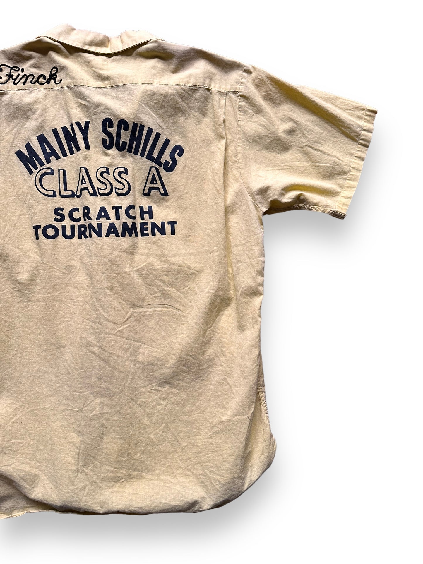 back right of Vintage Mainy Schills Class A Scratch Tournament Bowling Shirt SZ L | Vintage Bowling Shirt Seattle | Barn Owl Vintage Seattle