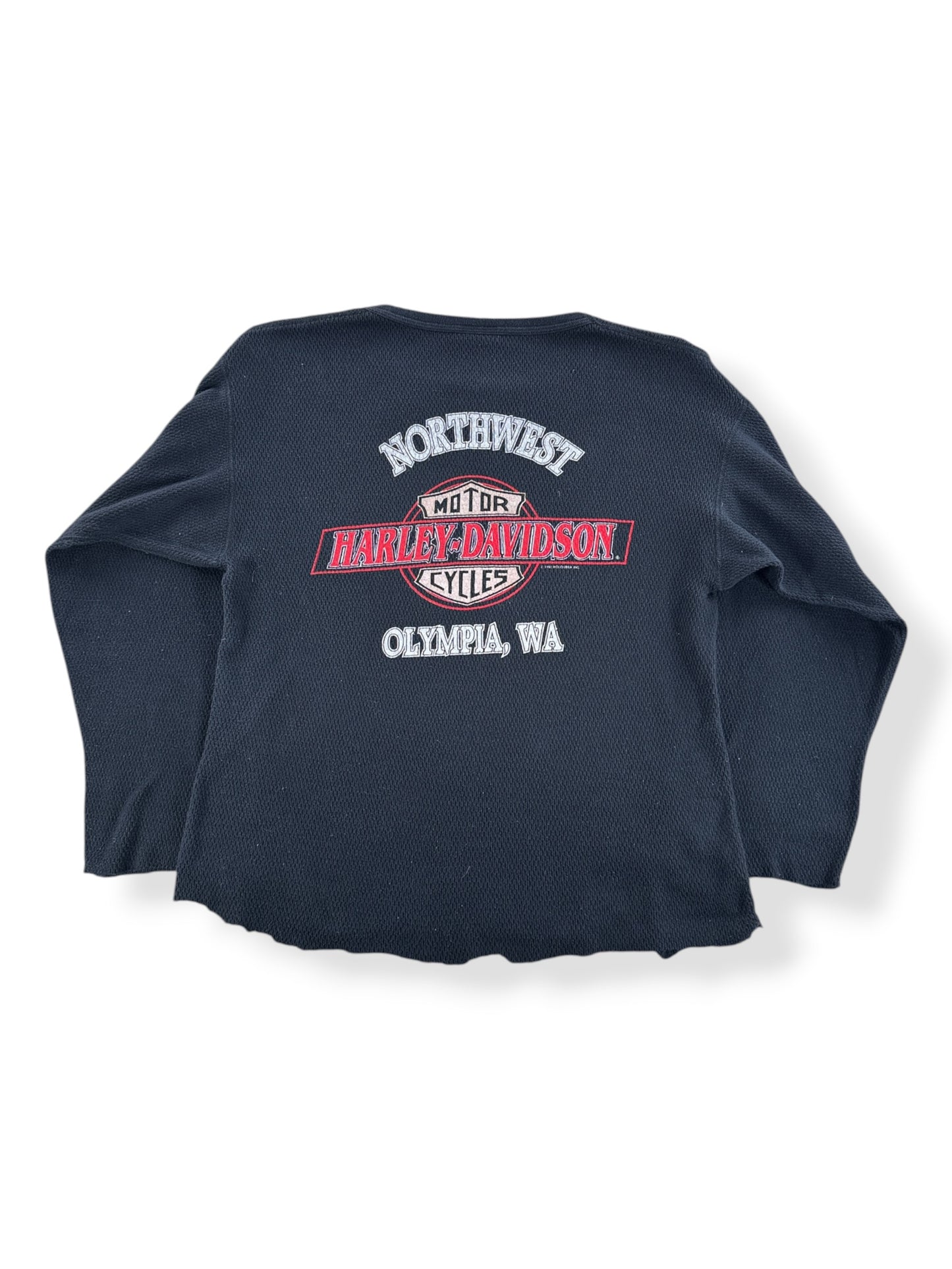 Back of Vintage '92 Olympia Harley Davidson Thermal SZ 3XL (Fits L)