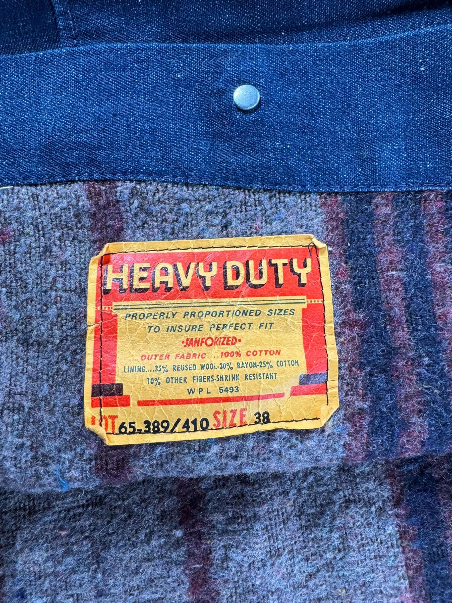 Label on Vintage Heavy Duty Blanket Lined Chore Coat SZ 38