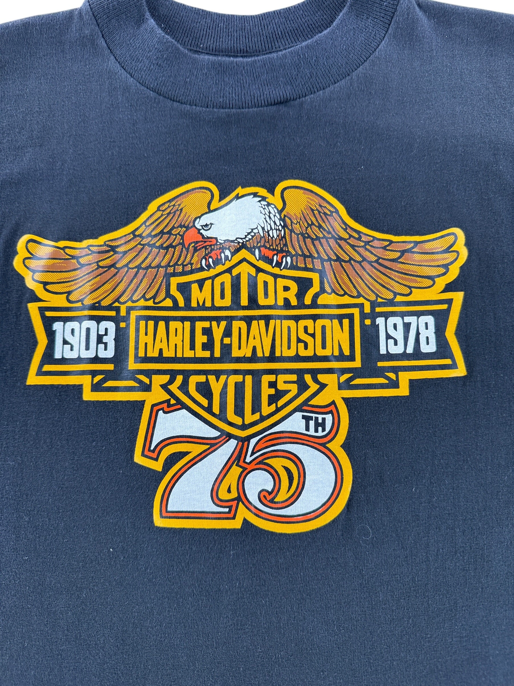 Graphic of Vintage Bellevue Harley Davidson 75th Anniversary Tee SZ S (Fits XS)