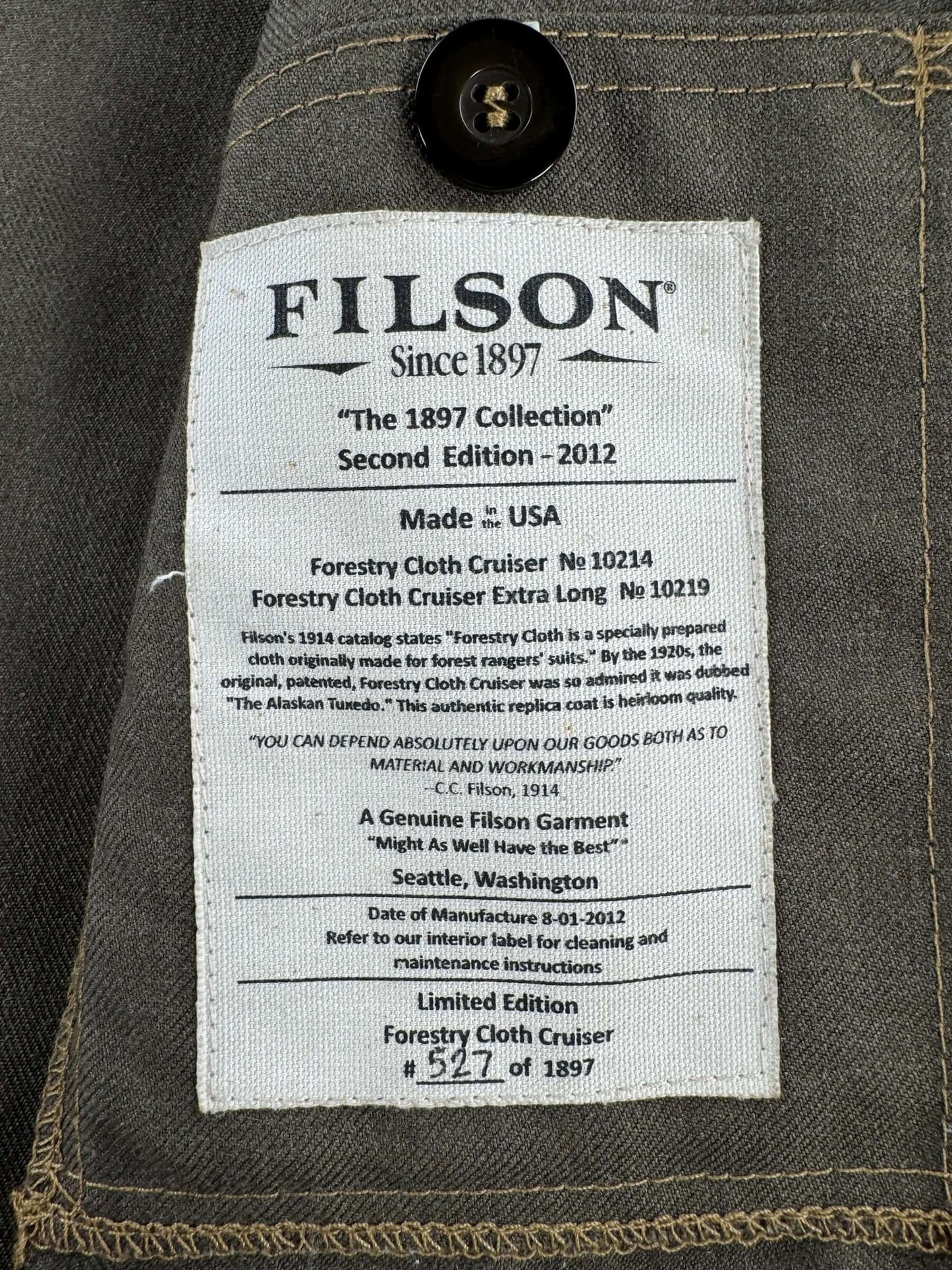 Label on Filson 1897 Collection Repro Forestry Cloth Cruiser Jacket SZ L