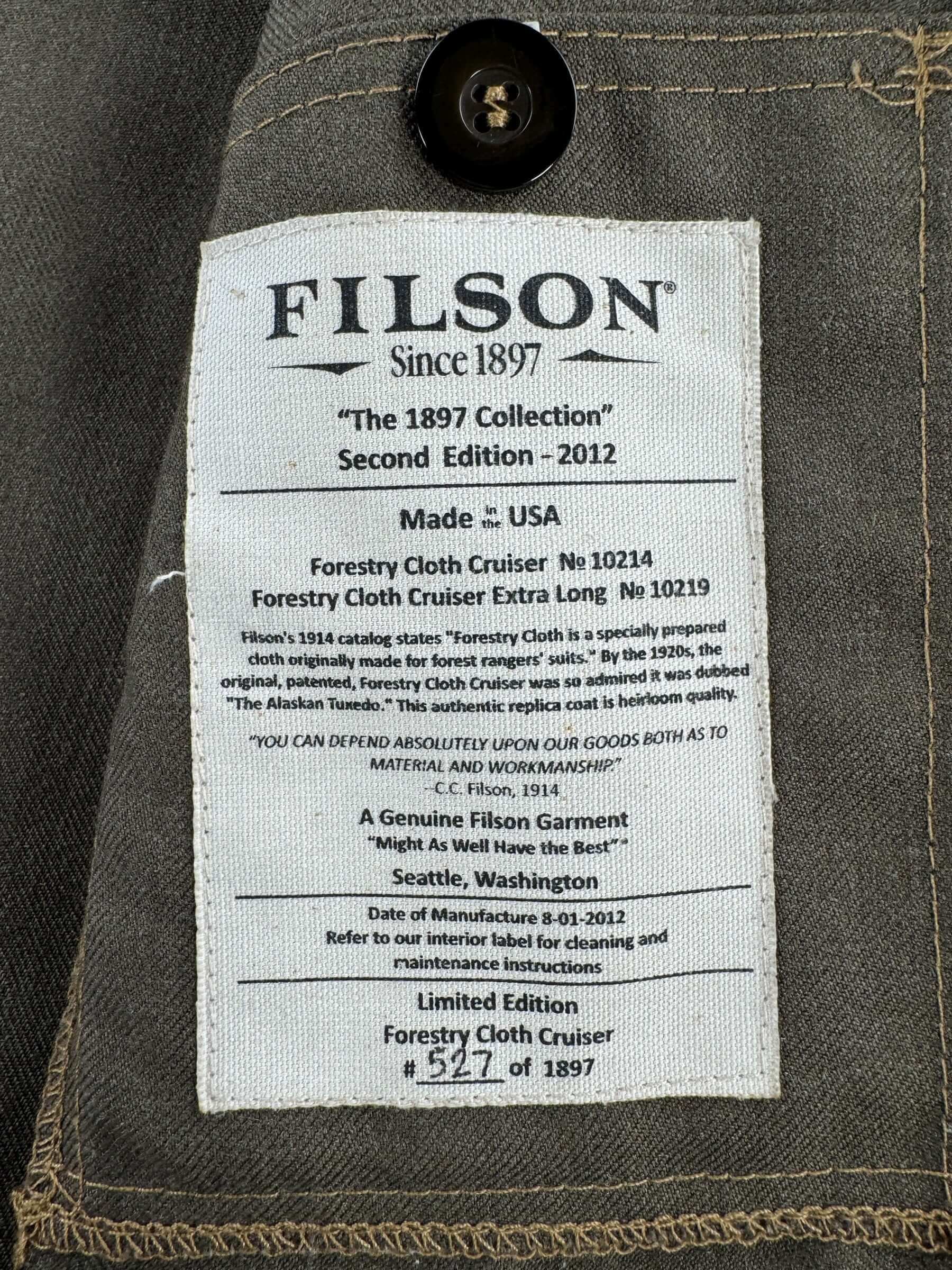 Label on Filson 1897 Collection Repro Forestry Cloth Cruiser Jacket SZ L