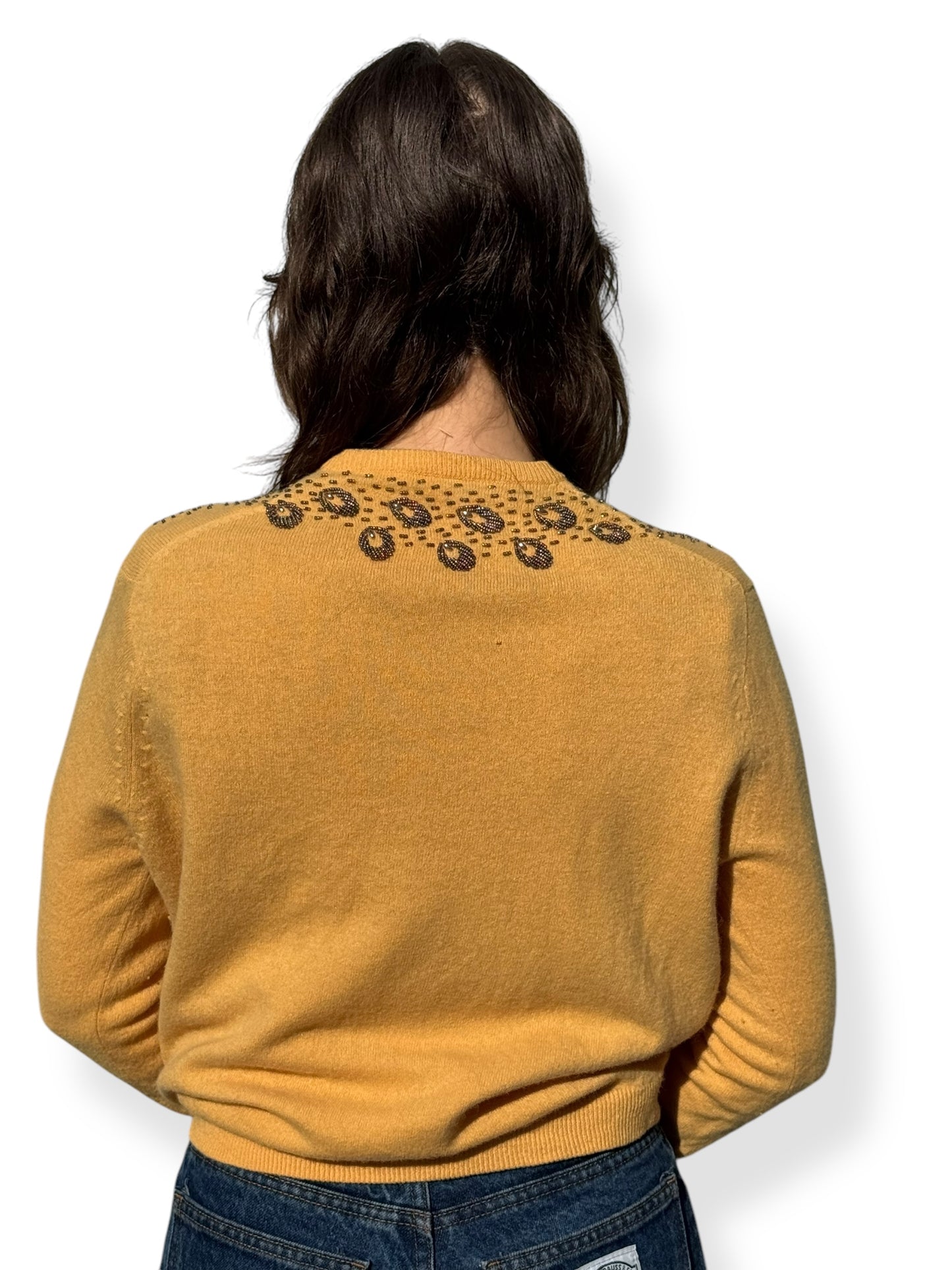 Back view of Vintage 1950s Lamb's Wool/Angora Beaded Cardigan L