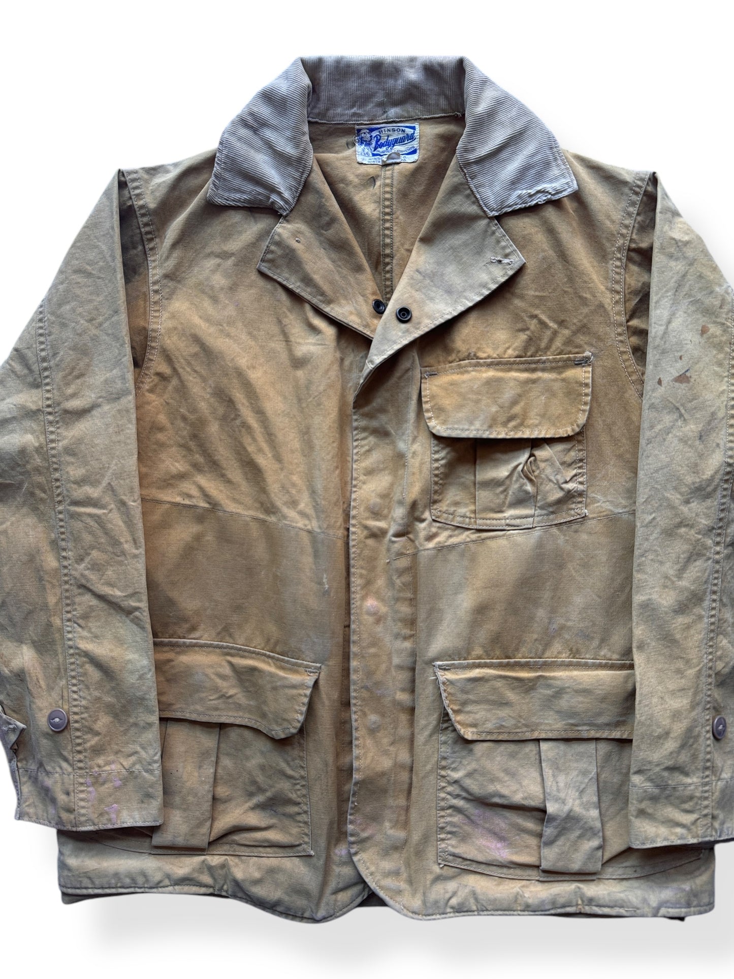 Front Close Up of Vintage Hinson's Bodyguard Hunting Jacket SZ 42