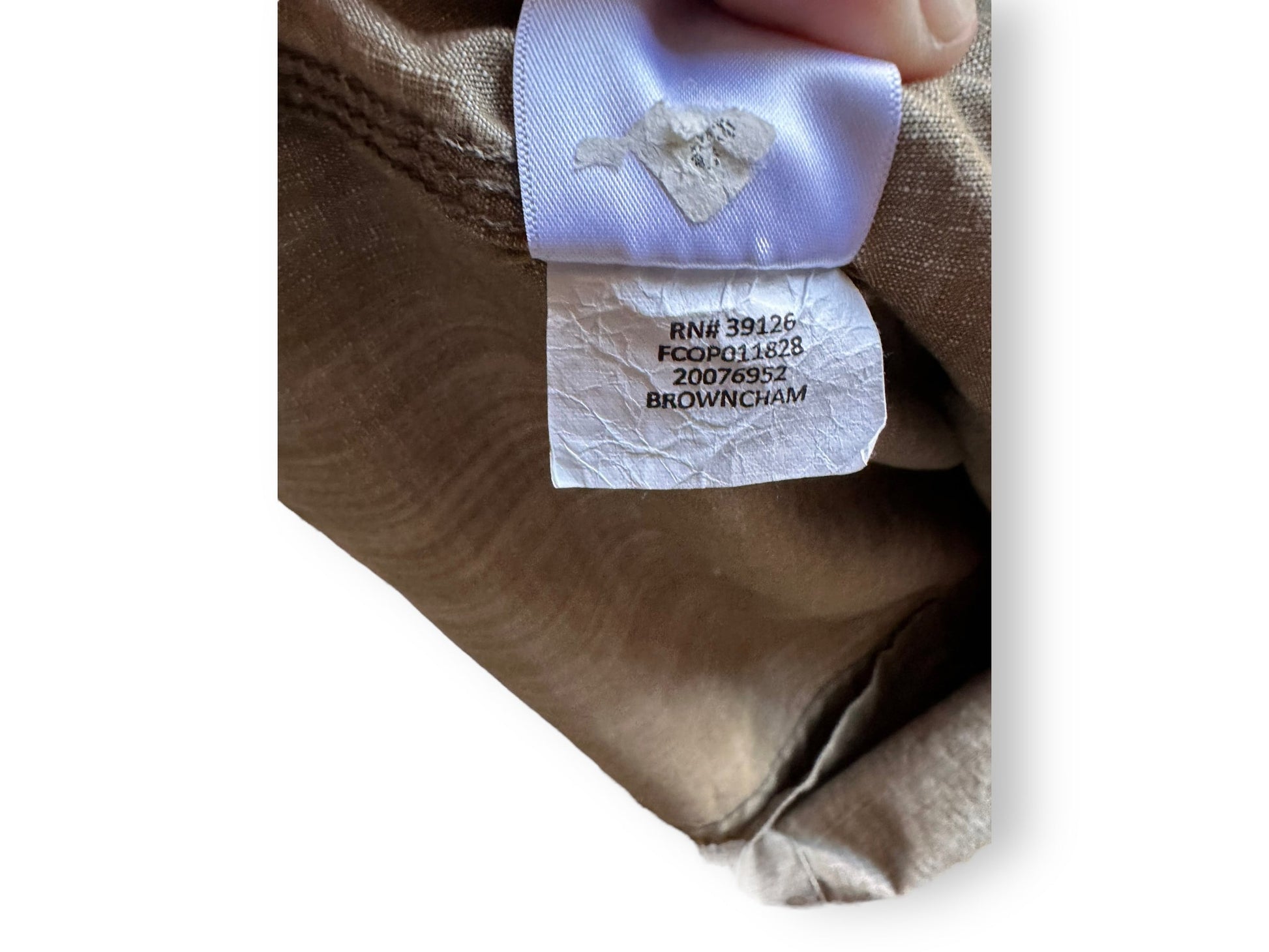 Production Tag View of Filson Brown Chambray CPO Shirt SZ M |  Barn Owl Vintage Goods | Filson Bargain Outlet Seattle