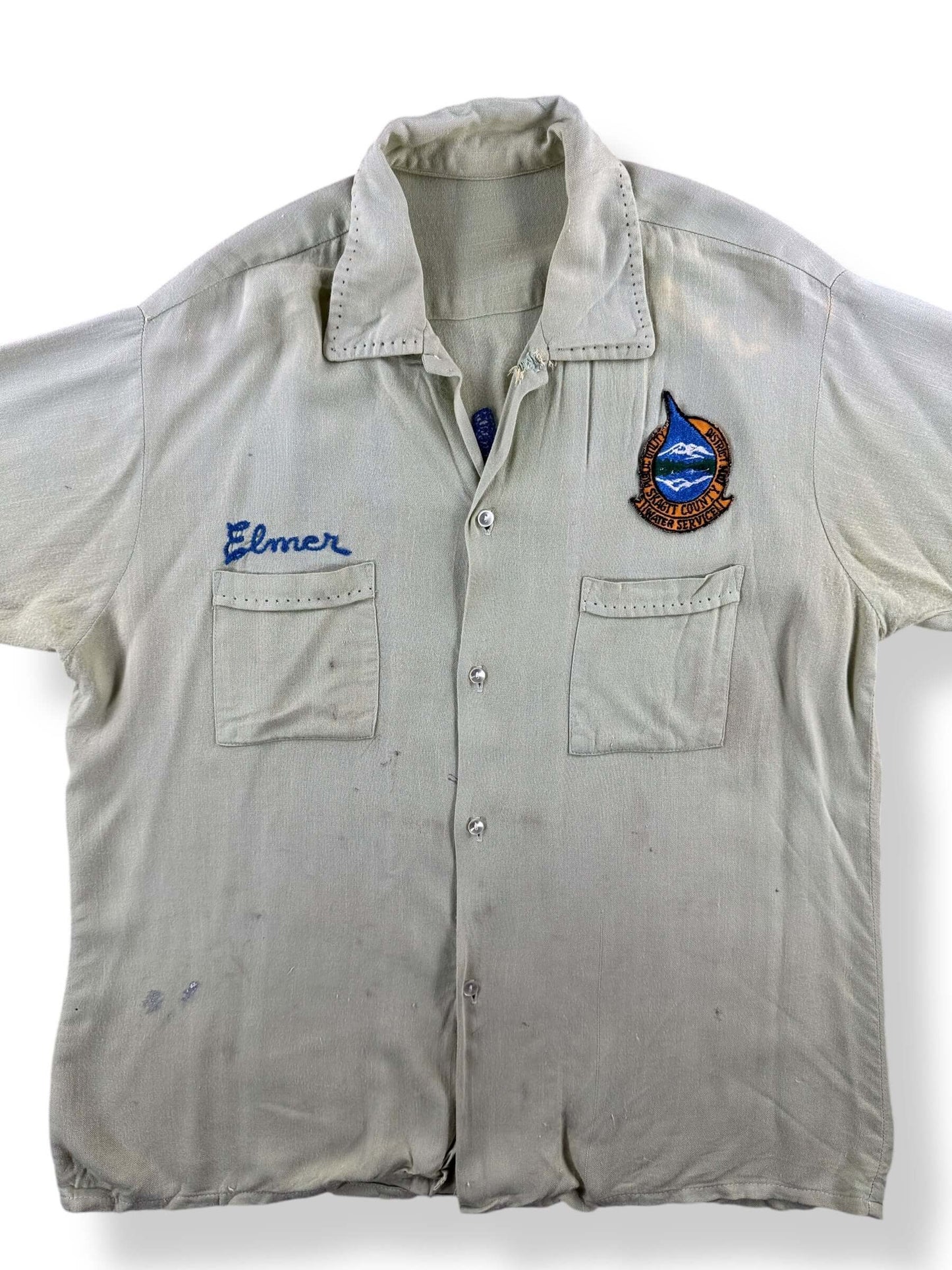 Front Close Up of Vintage Elmer Pud Bowling Shirt SZ L AS IS