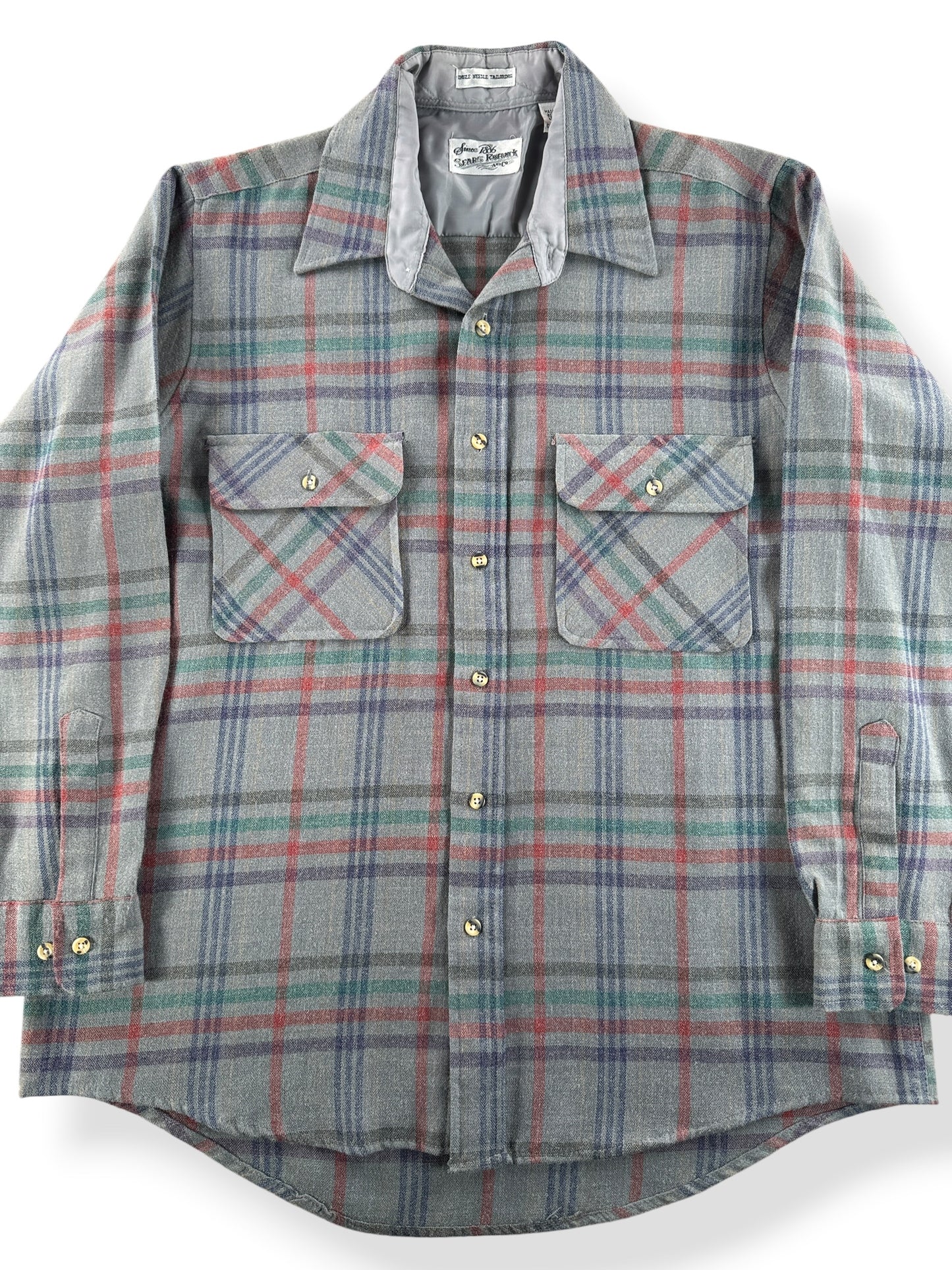 Front Close Up of Vintage Sears Wool/Acrylic Blend Flannel SZ L