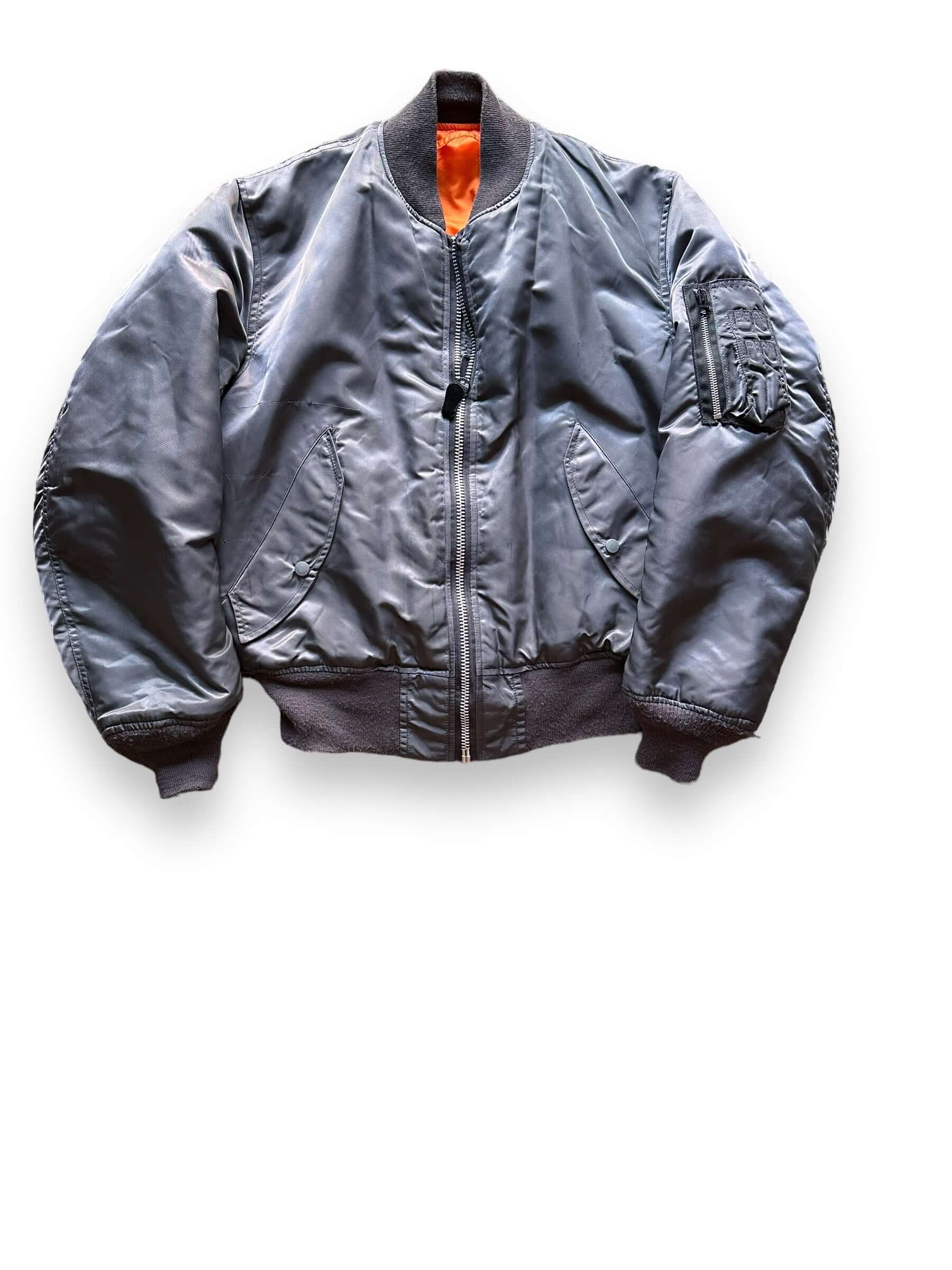 Front View of Vintage Grey MA-1 Flight Jacket SZ XL |  Vintage Military Jacket Seattle