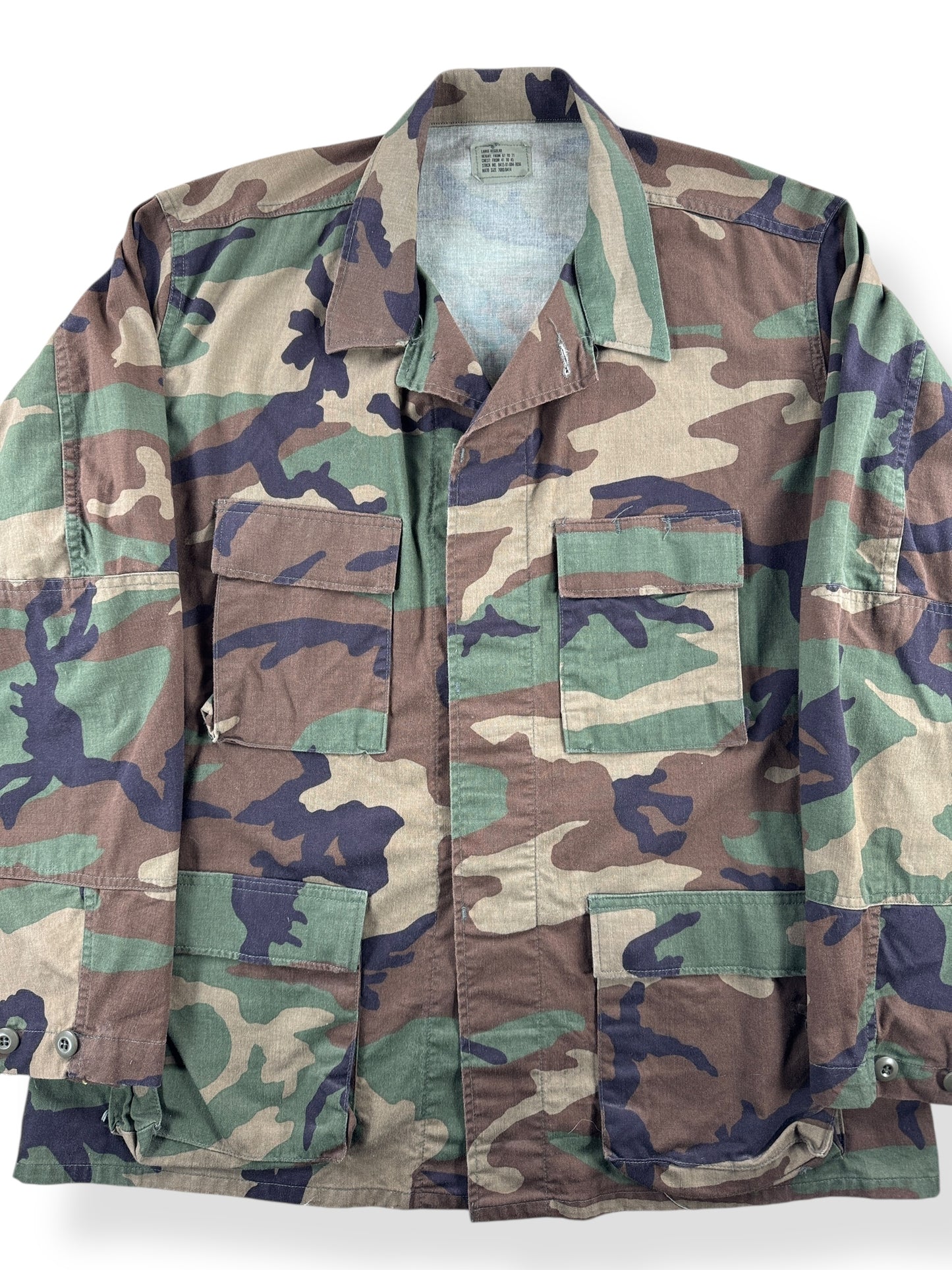 Front Close Up of Vintage Woodland Camo Military Top SZ L