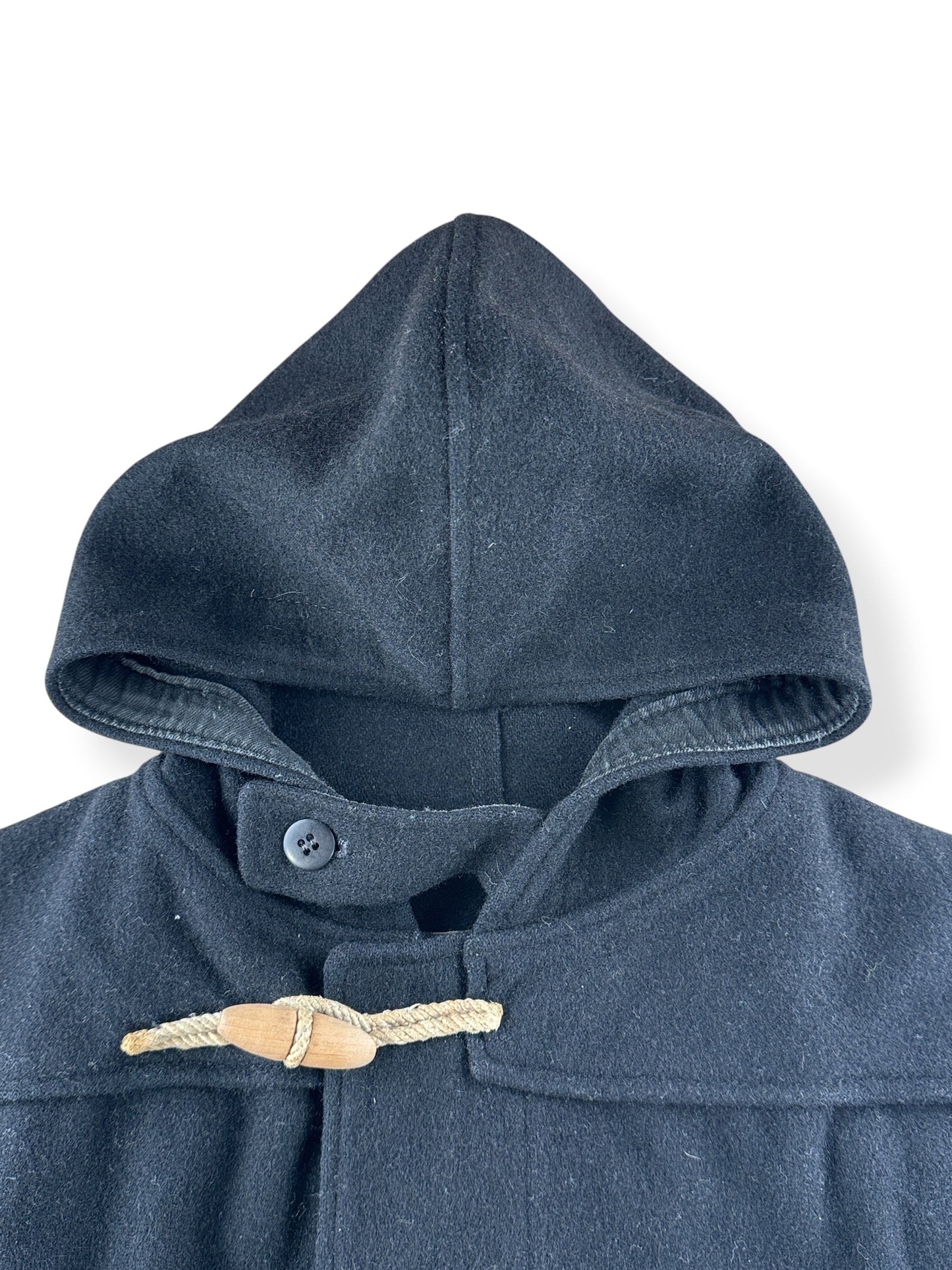 Hood and collar on Vintage Frederick And Nelson Black Wool Toggle Front Coat SZ XL