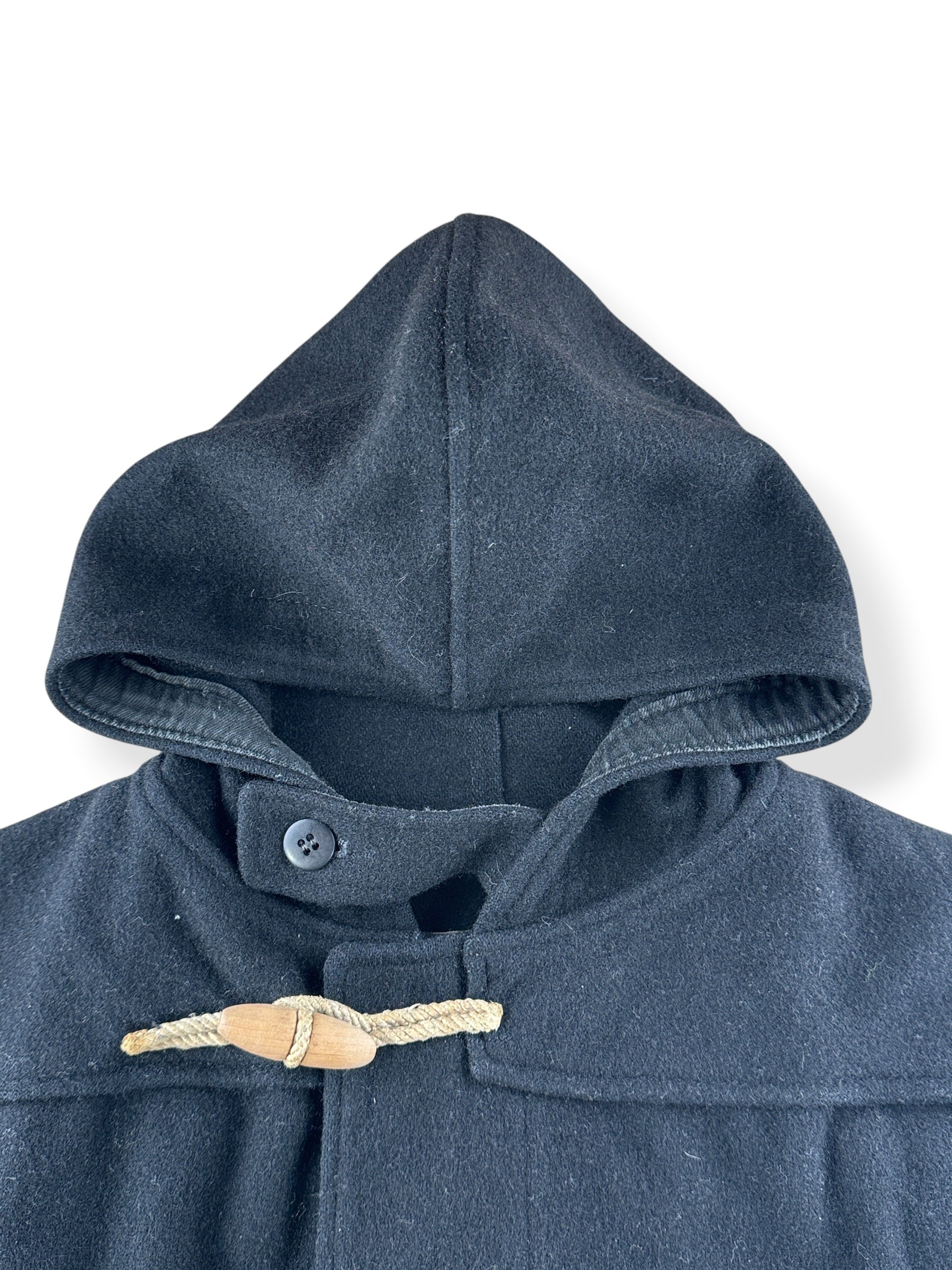 Hood and collar on Vintage Frederick And Nelson Black Wool Toggle Front Coat SZ XL