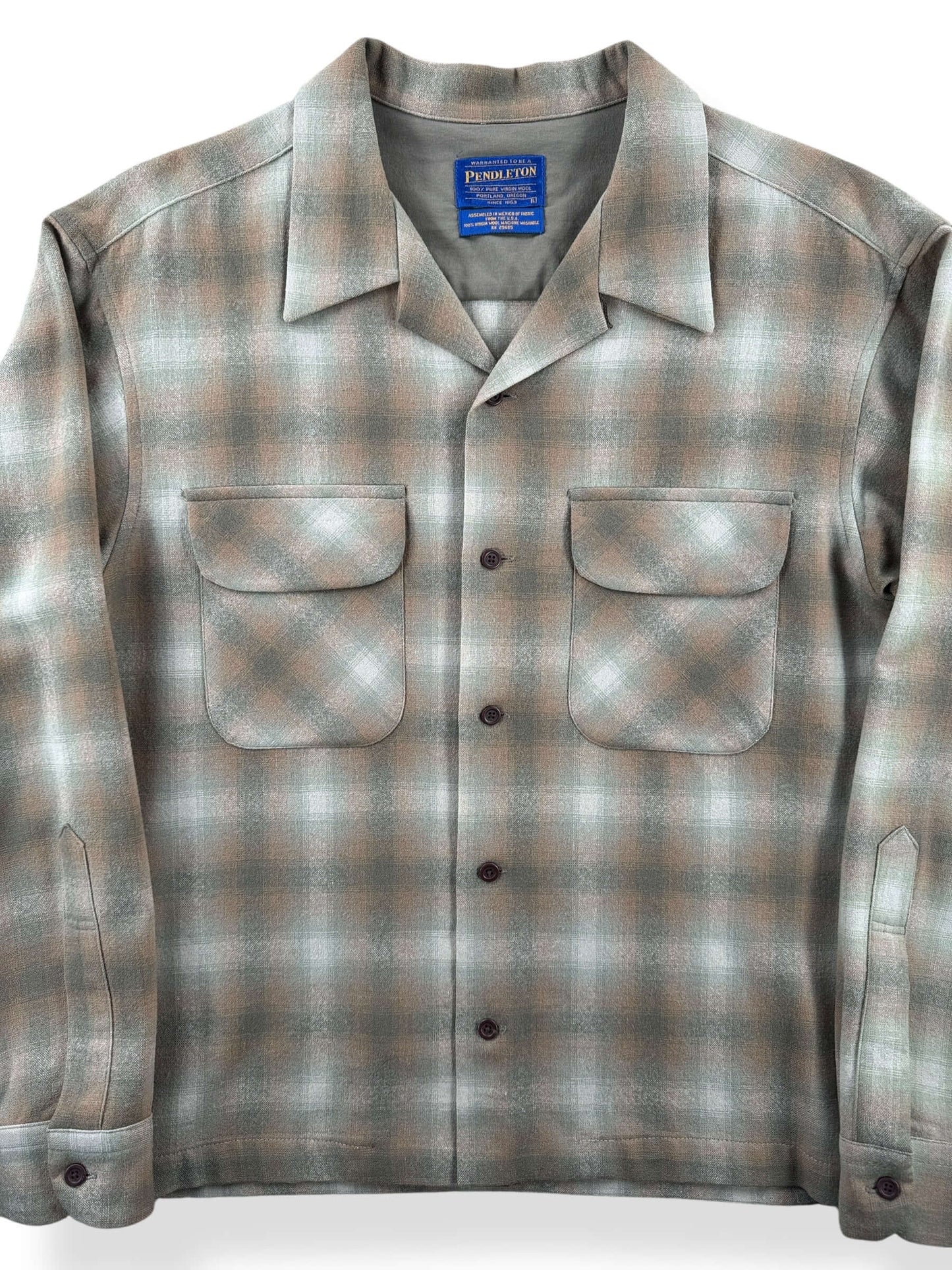 Front Close Up of Vintage Made in Mexico Pendleton Beige & Green Plaid Board Shirt SZ L