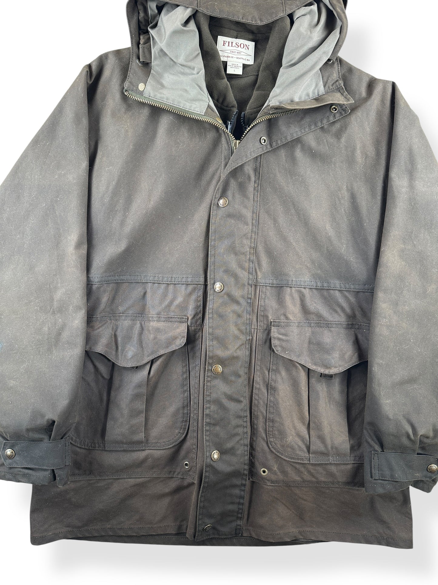 Front Close Up of Filson All Season Rain Jacket With Liner SZ M