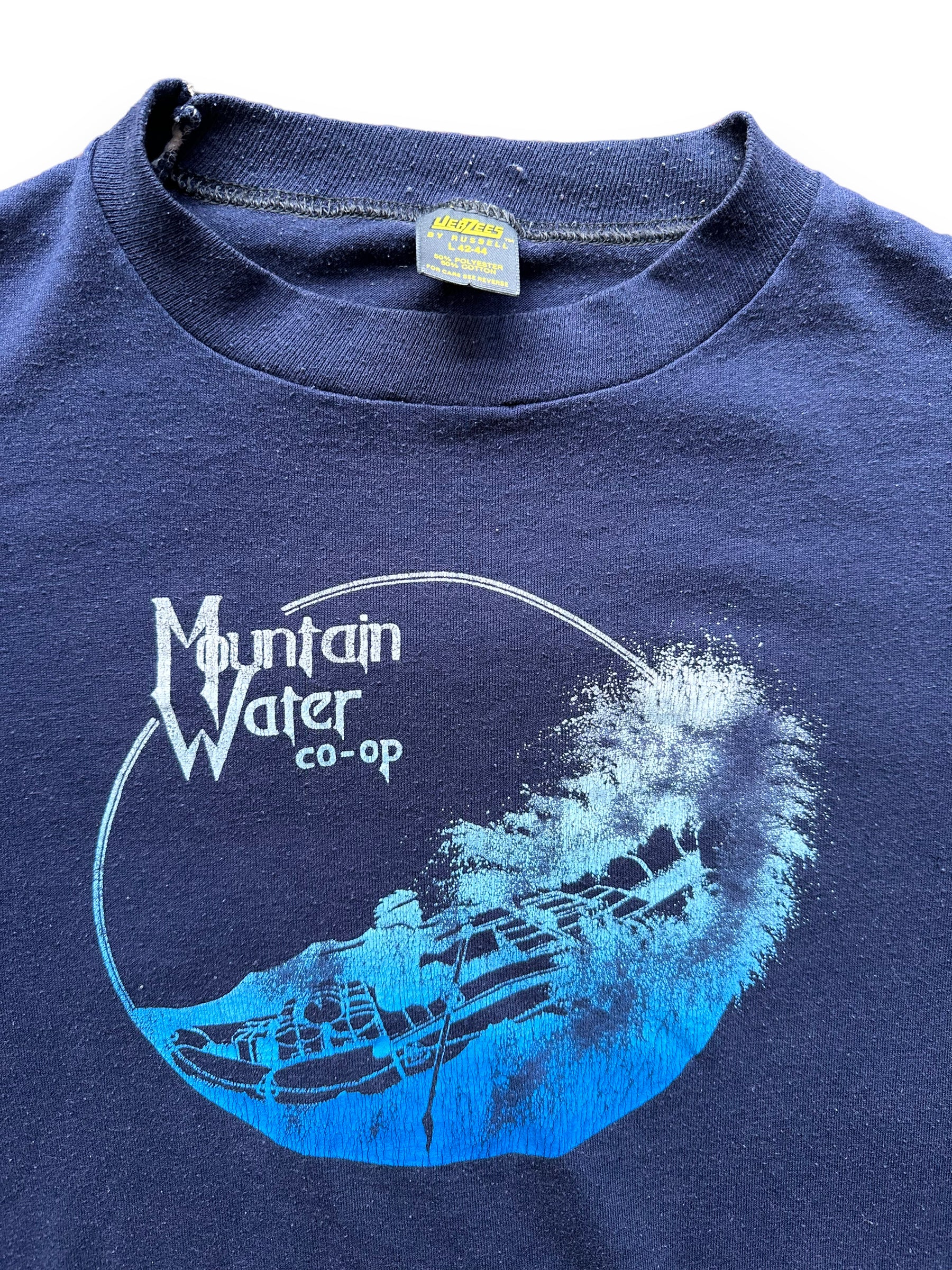 Front Graphic Detail on Vintage Mountain Water Co-op Tee SZ L | Vintage Graphic T-Shirts Seattle | Barn Owl Vintage Tees Seattle