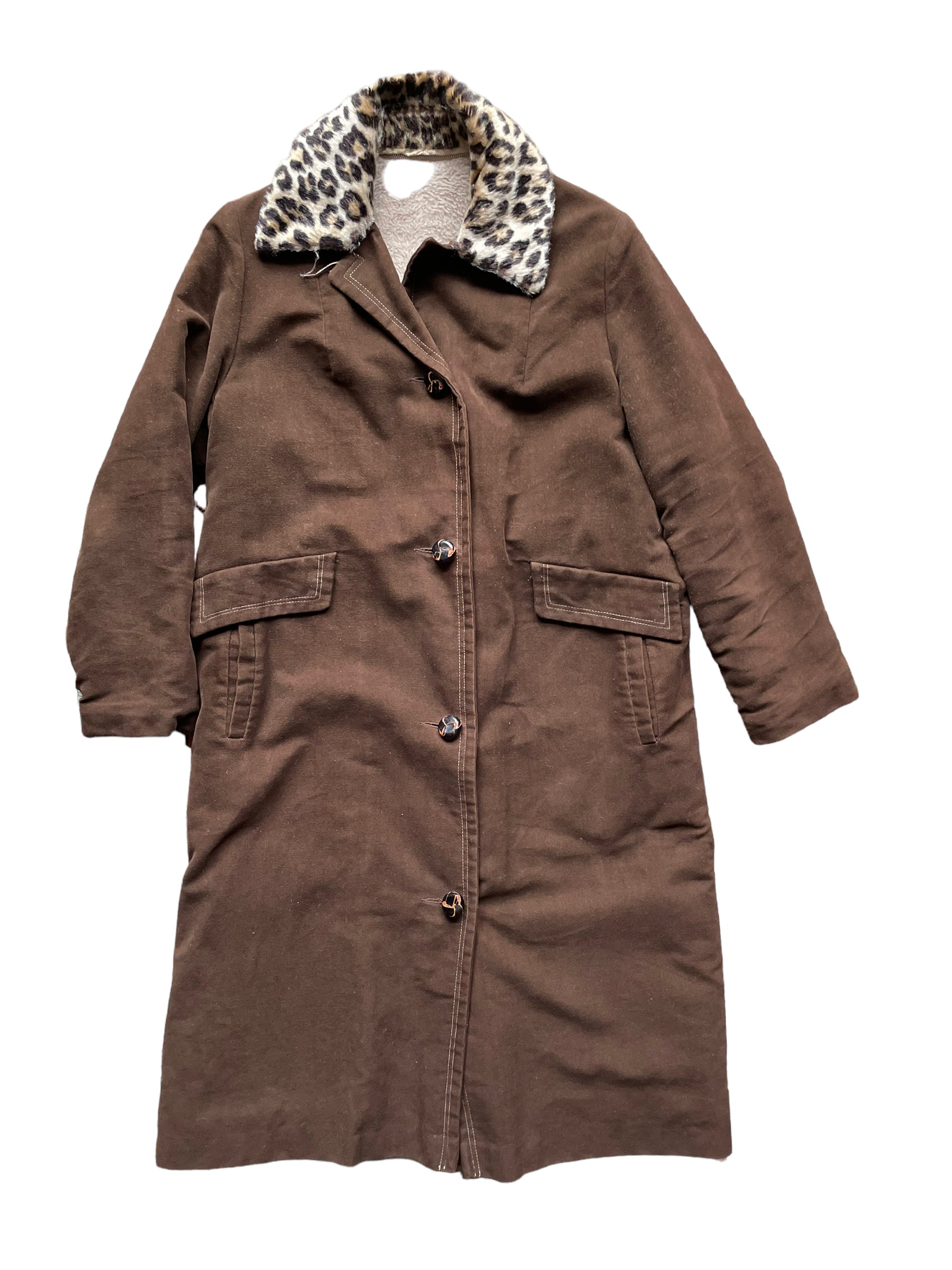 Front flat lay view of Vintage 1960s Lanson Brown Coat with Leopard Fur Collar SZ M-L | Seattle True Vintage | Barn Owl Vintage Coats