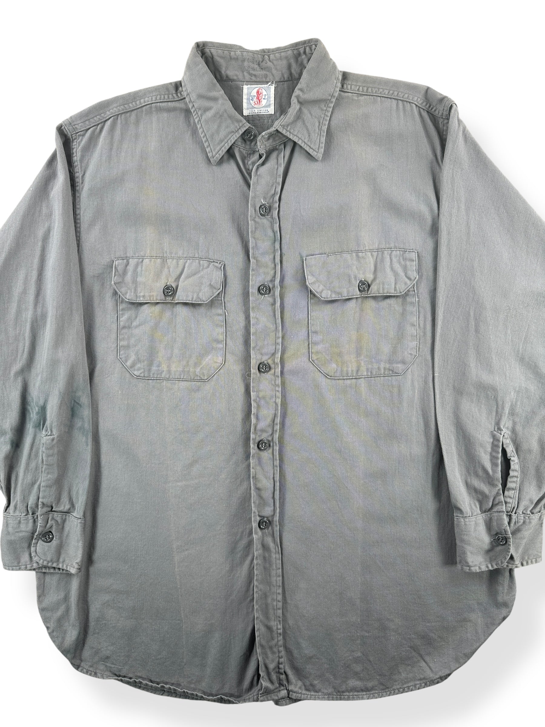 Front Close Up of Vintage Stevens Twist Twill Grey Work Shirt SZ L AS IS
