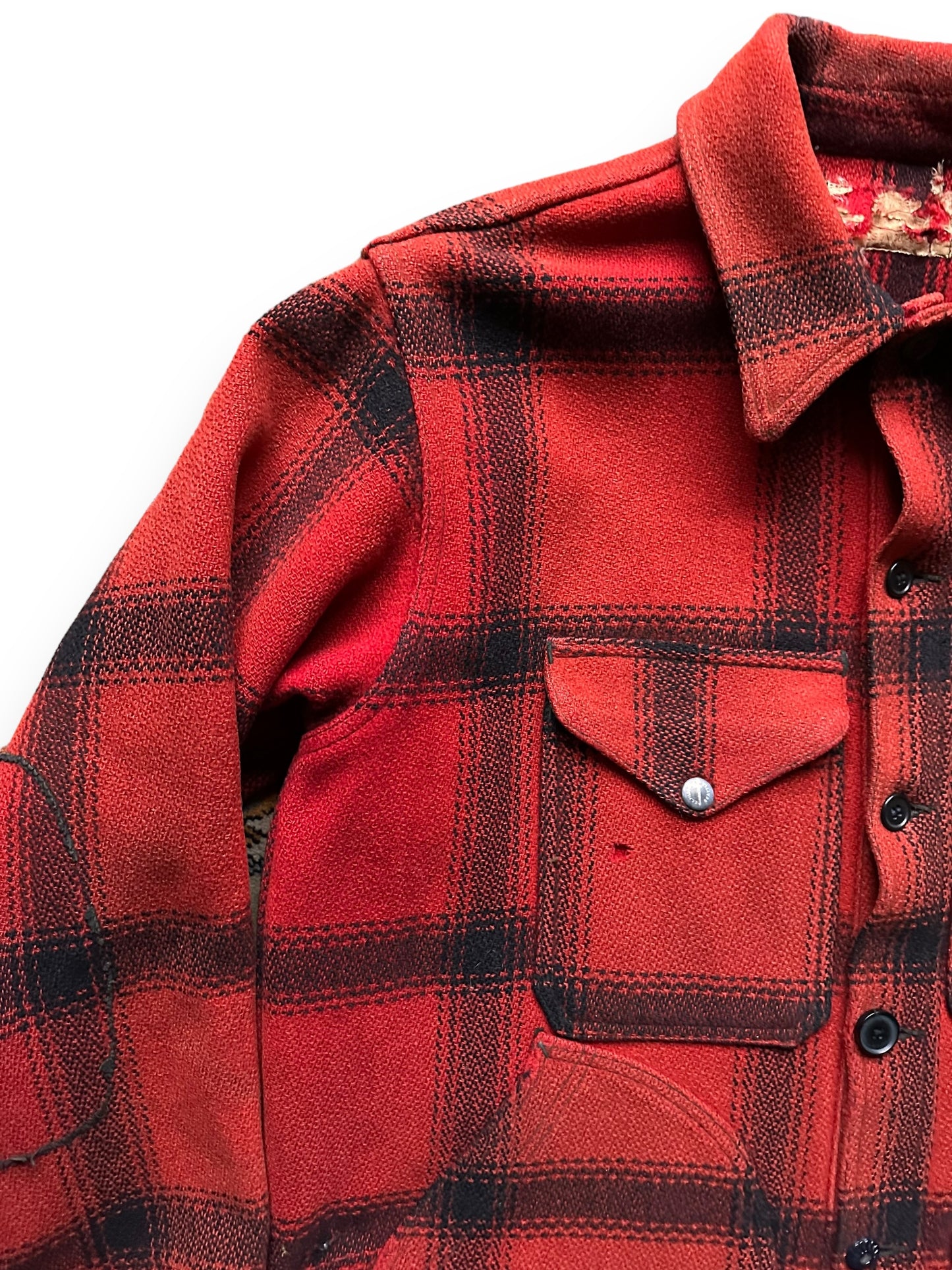 Upper Front RIght Shoulder View of Vintage 75% Red Filson Hunter Wool Jacket SZ 44 | Vintage Filson Workwear Seattle | Vintage Workwear Seattle