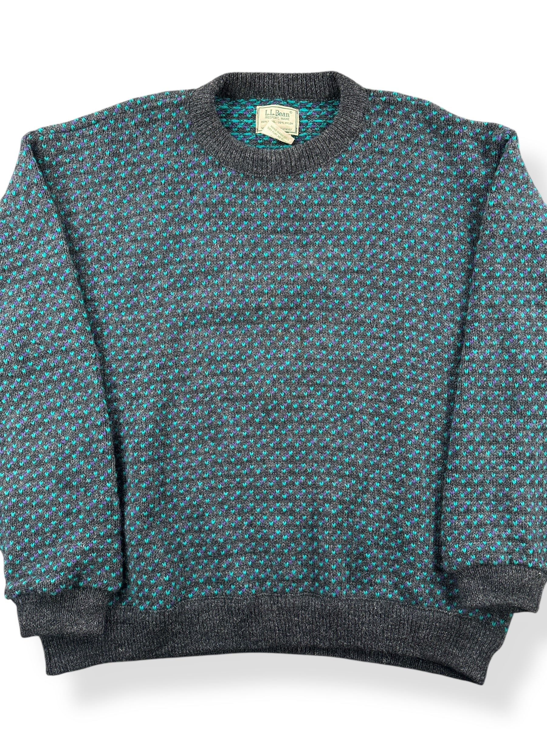 Front Close Up of Vintage LL Bean Purple Green Birdseye Sweater SZ XL