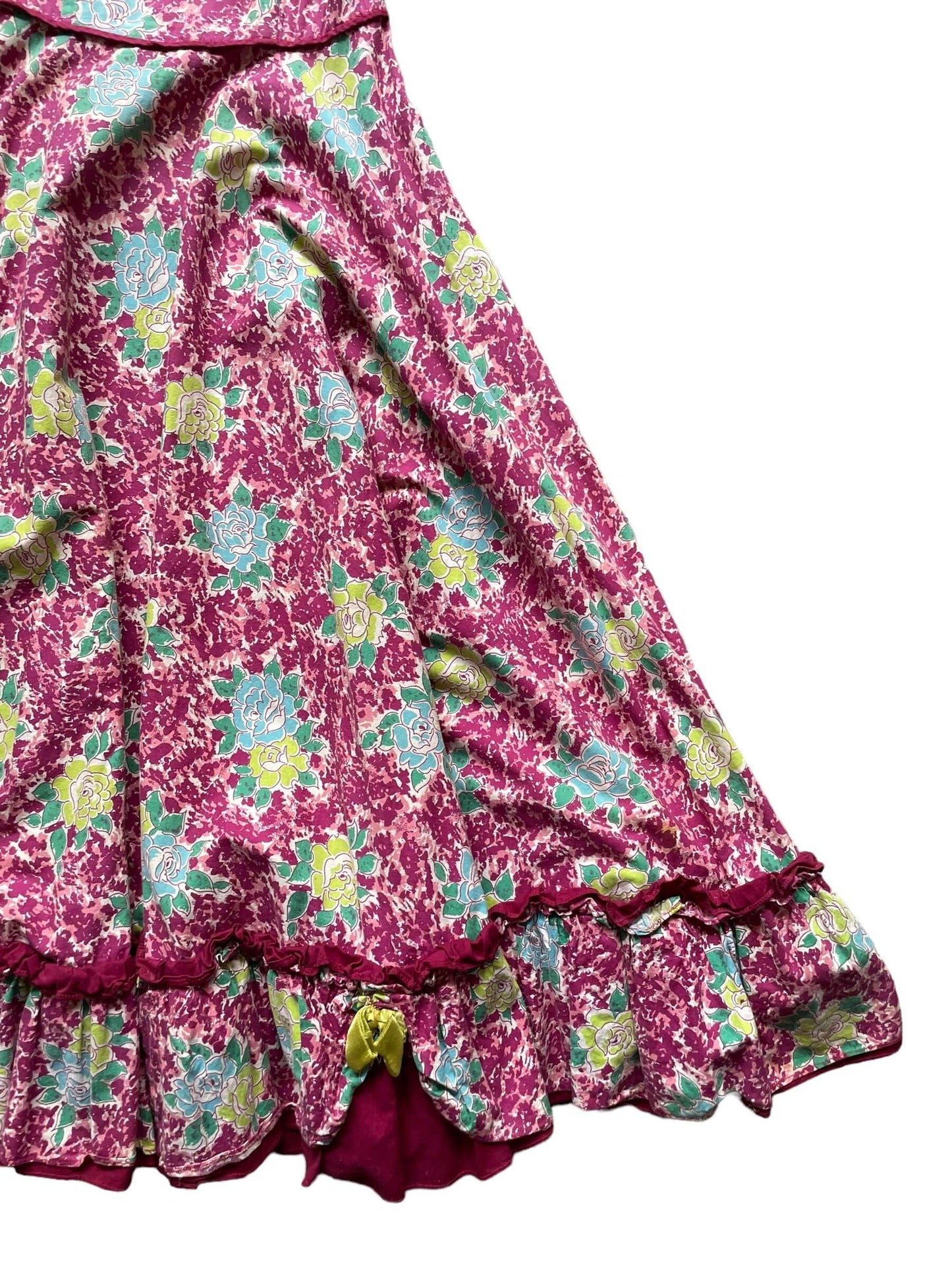 Front left side of skirt view of 1950s Purple Floral Square Dancing Dress S