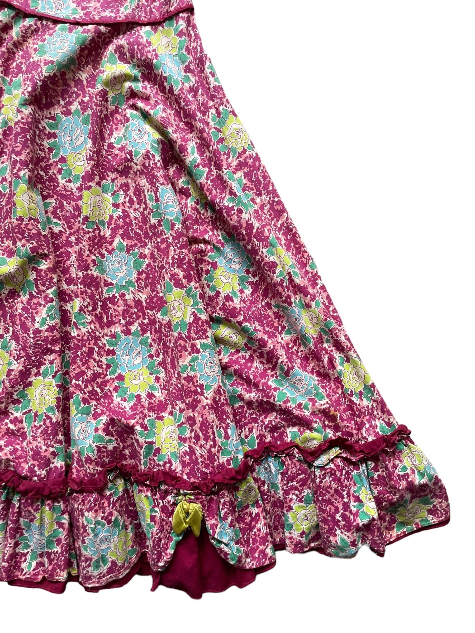 Front left side of skirt view of 1950s Purple Floral Square Dancing Dress S