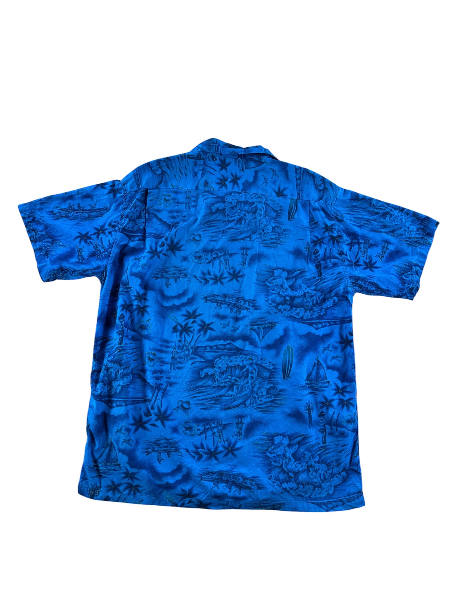 Back of Vintage Blue Hawaiian Cotton Aloha Shirt SZ L
