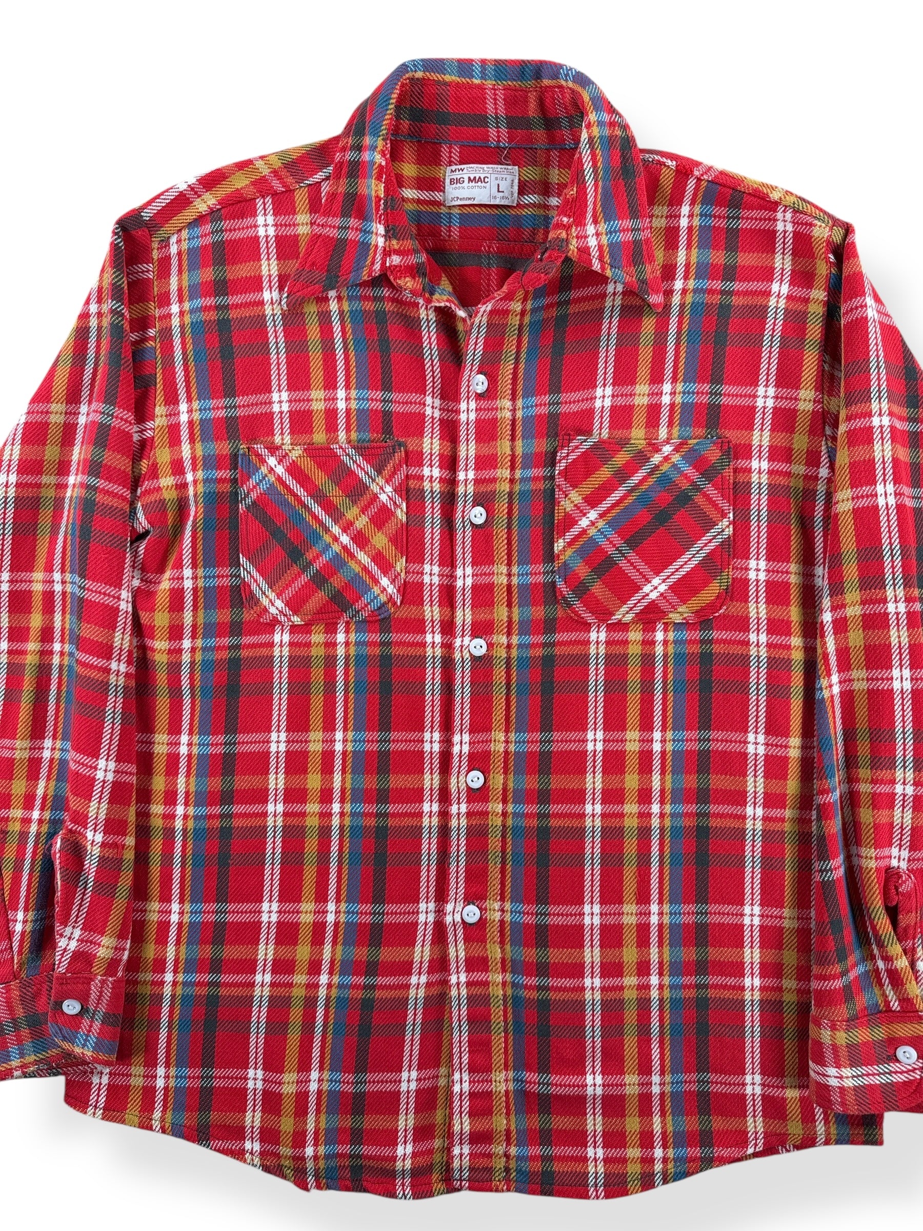 Front Close Up of Vintage 70s Era Red Blue Gold Big Mac Cotton Flannel SZ L