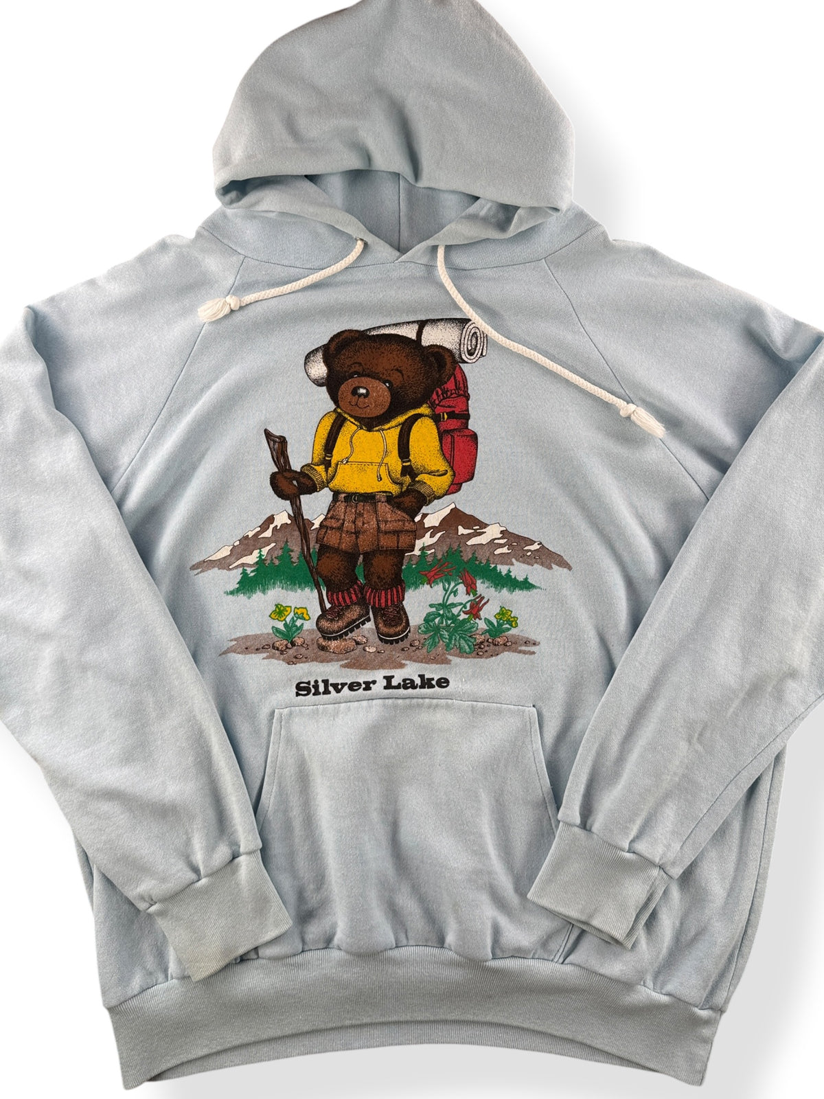 Close-up of Vintage Silver Lake Teddy Bear Hoodie SZ L