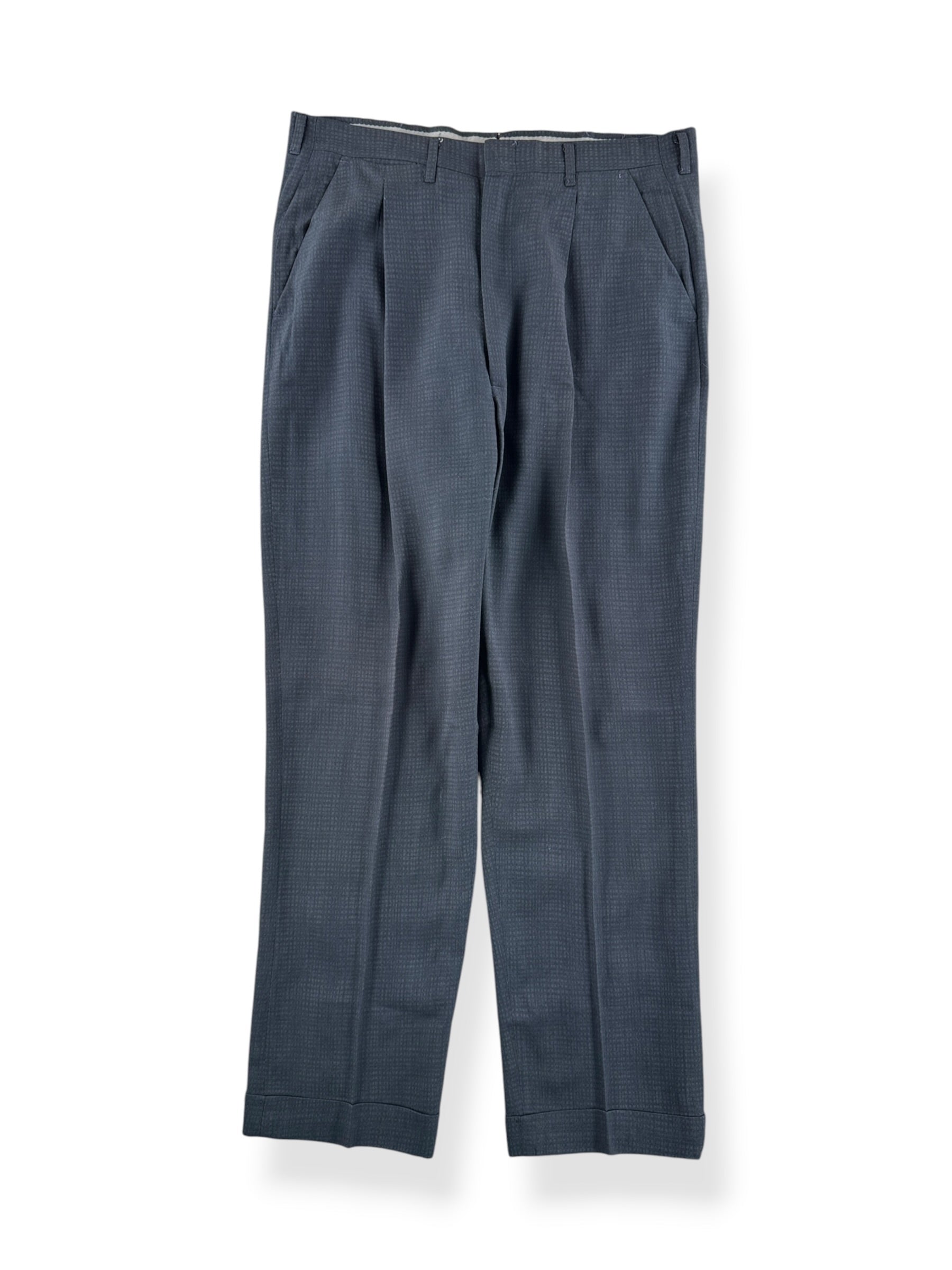 Front of Vintage 50s Black Gabardine Patterened Drop Loop Trousers W33