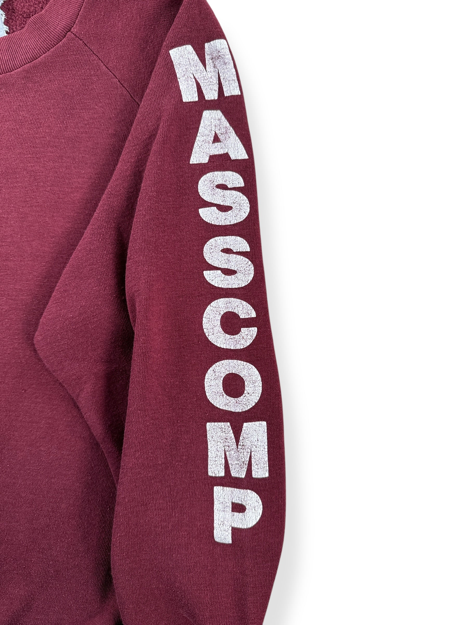Graphic on Sleeve of Vintage Masscomp Burgundy Crewneck SZ M