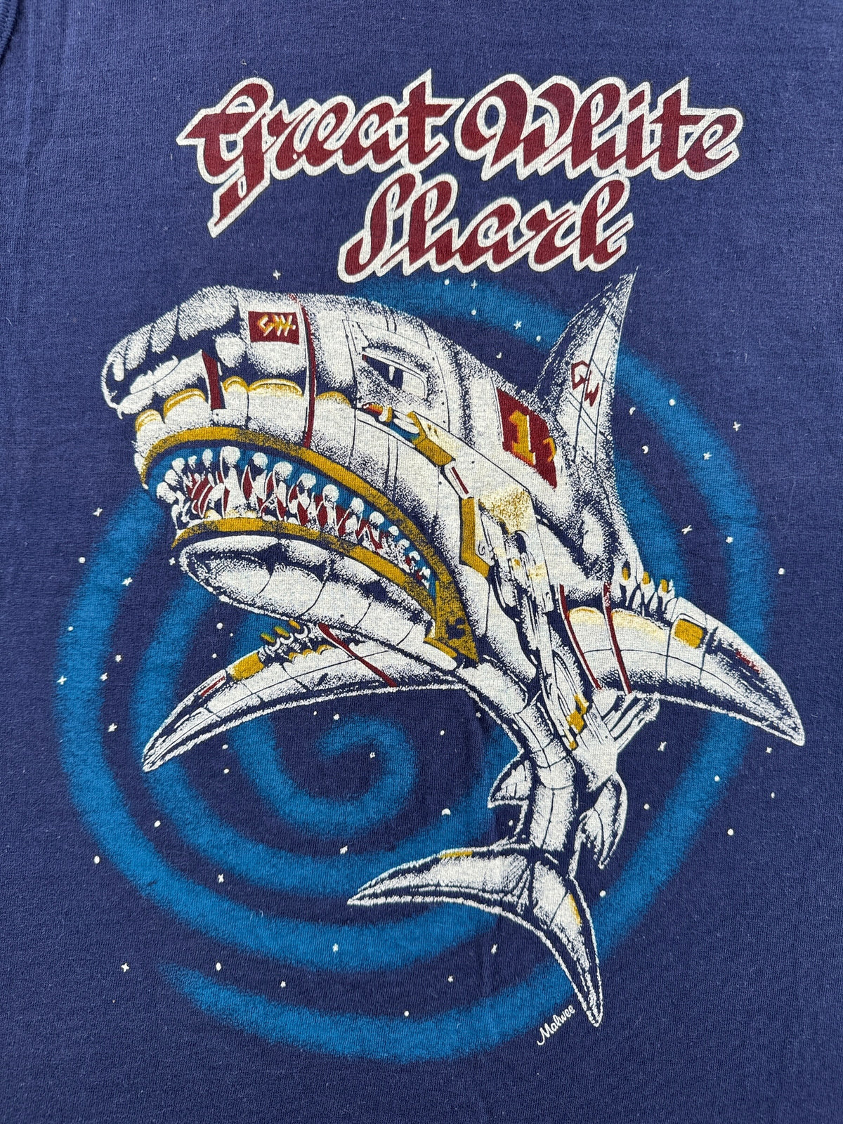 Front graphic on Vintage 80s Great White Shark Sleeveless Tee SZ S