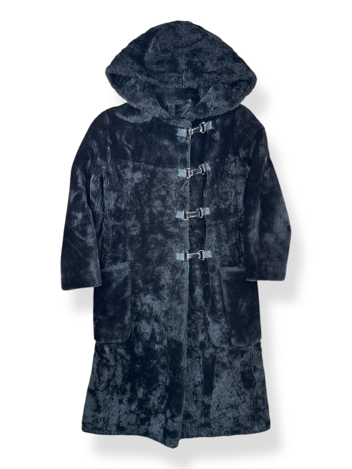 Front of Vintage 1960s Faux Fur Coat W/ Metal Clasps SZ XS