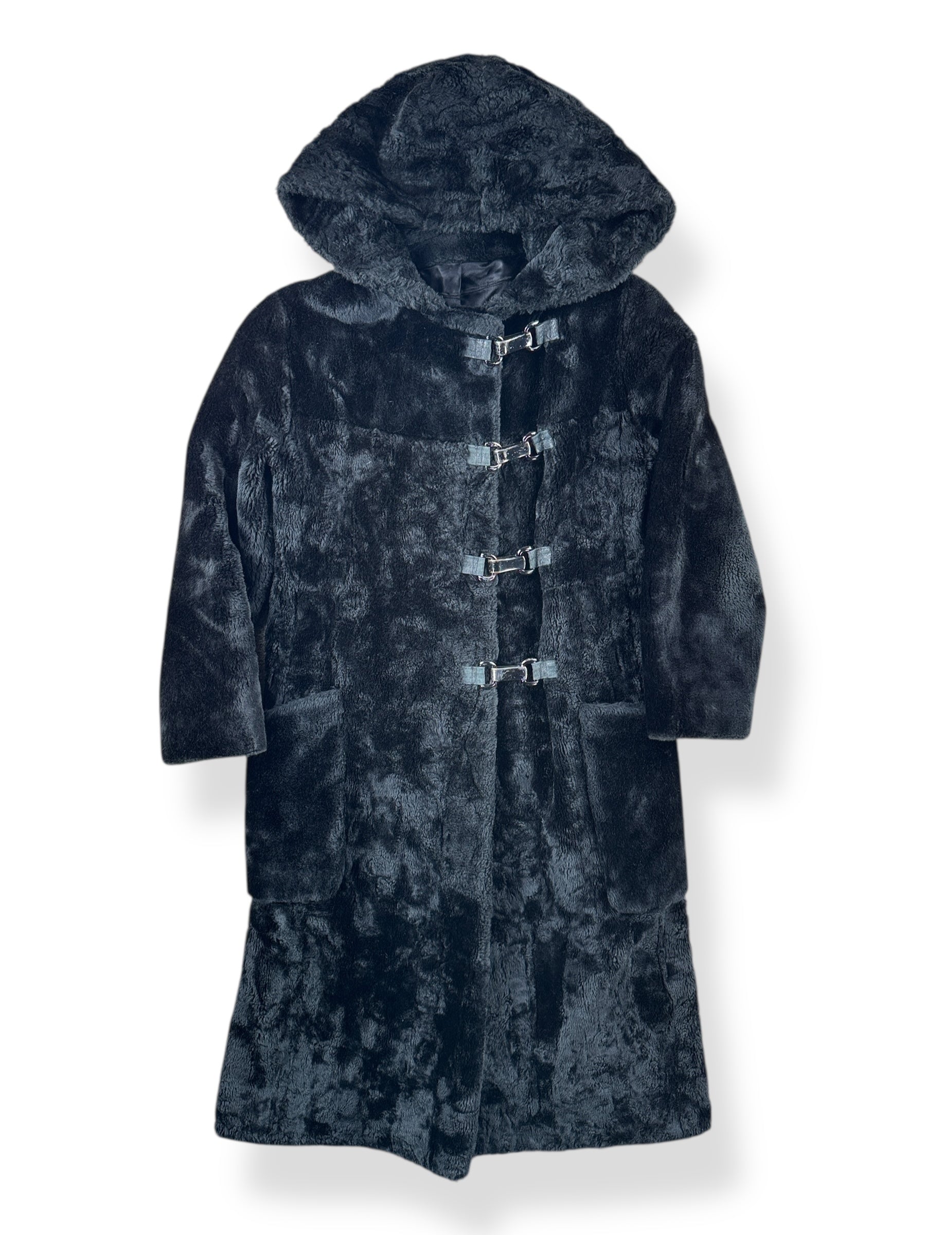 Front of Vintage 1960s Faux Fur Coat W/ Metal Clasps SZ XS