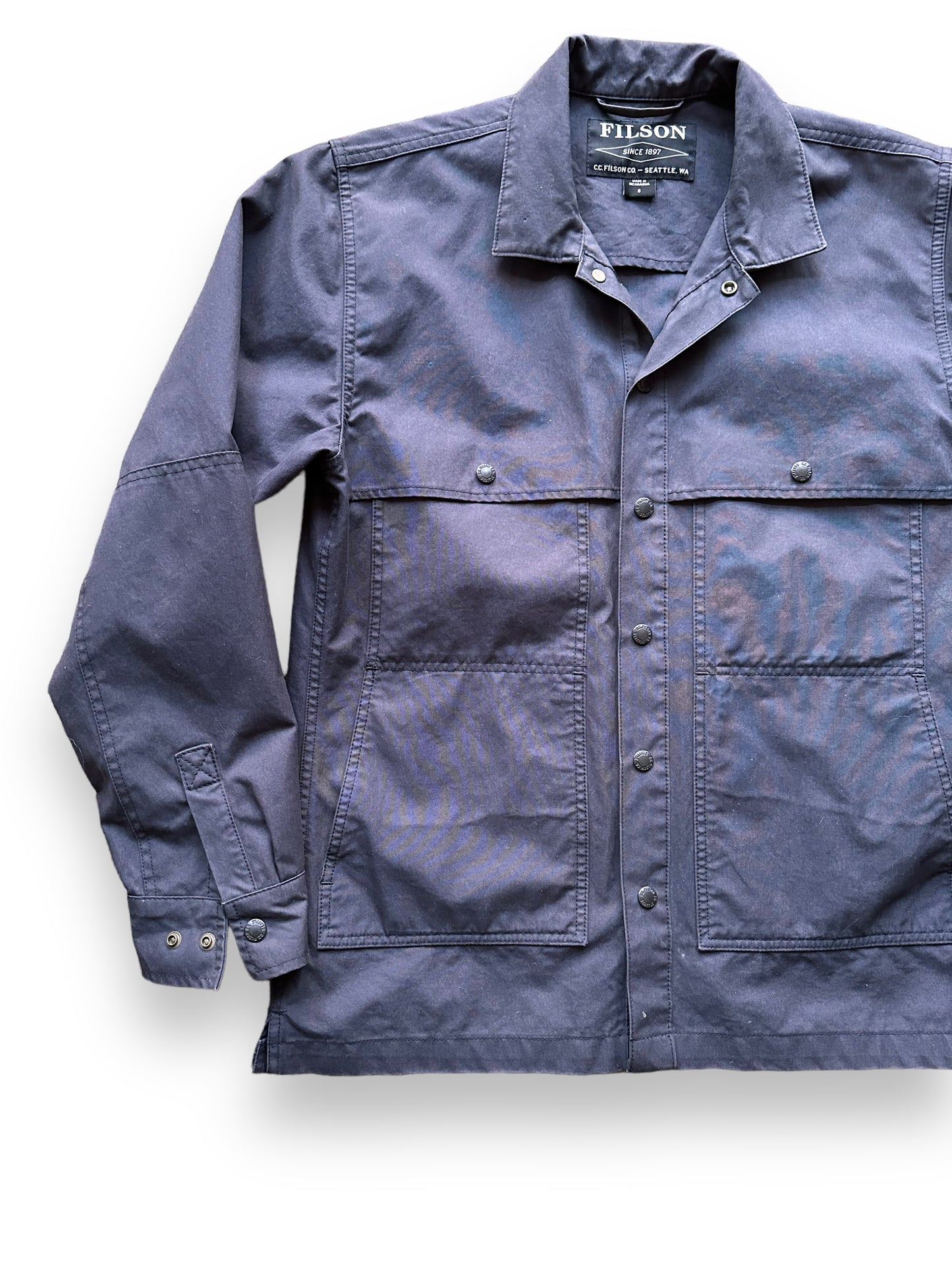 Front Right View of Filson Midnight Navy Cruiser SZ S |  Barn Owl Vintage Goods | Filson Bargain Outlet Seattle