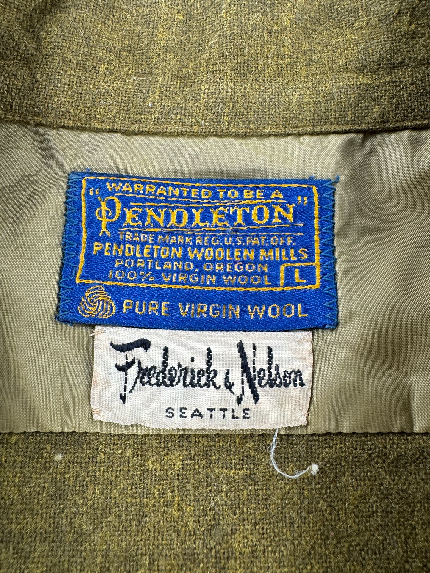 Tag on Vintage Frederick & Nelson Green Pendleton Board Shirt SZ L