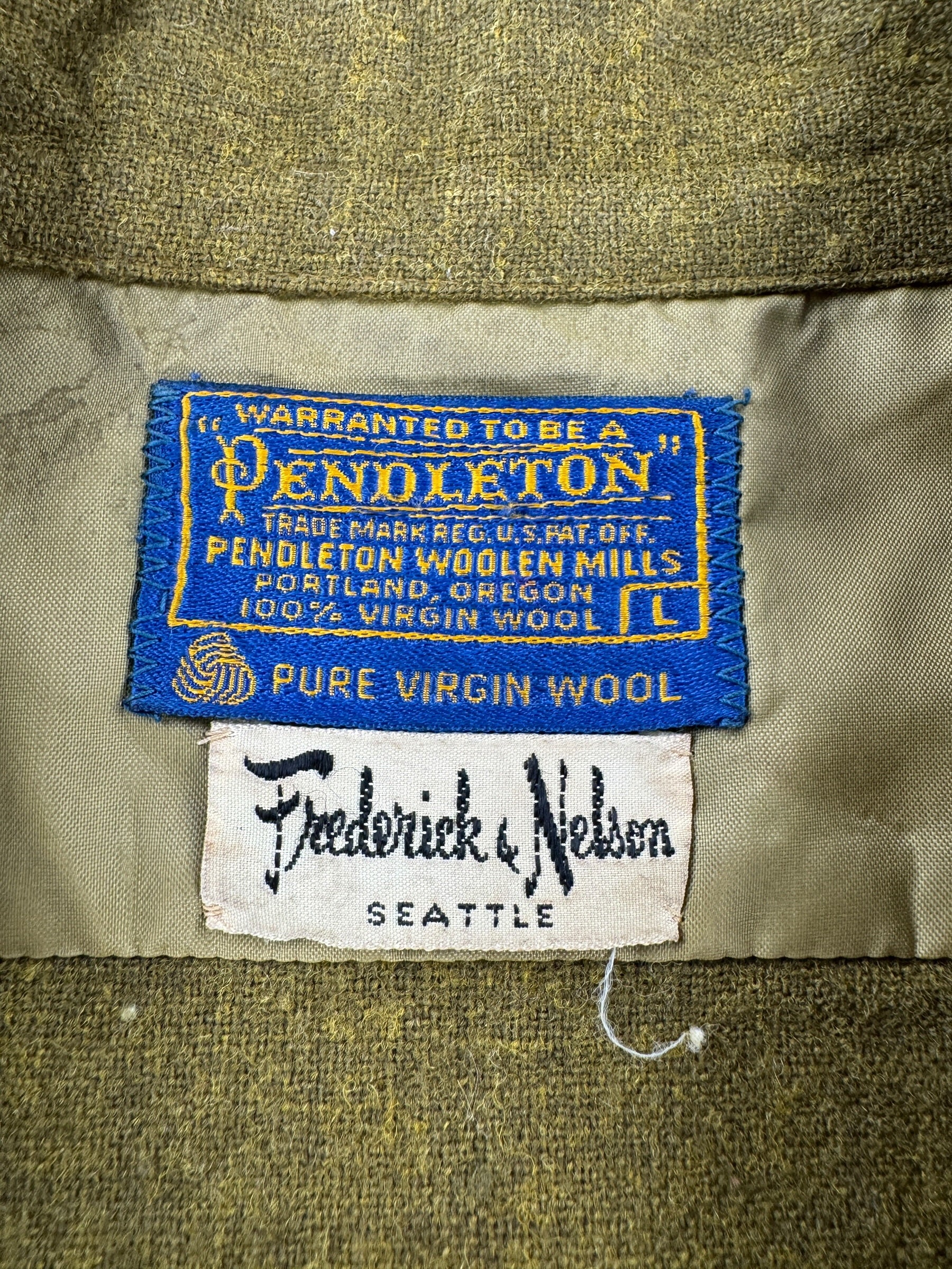 Tag on Vintage Frederick & Nelson Green Pendleton Board Shirt SZ L