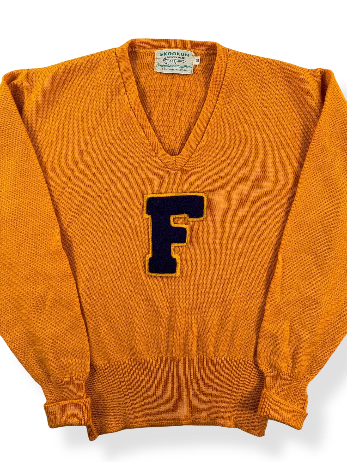 Front Close Up of Vintage Skookum Gold V-neck Sweater SZ 40