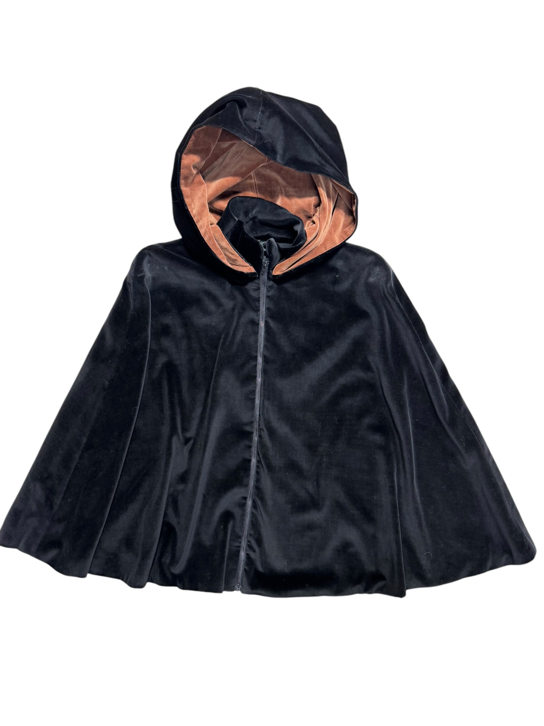 Front view of 1950s Black and Brown Hooded Velvet Capelet m