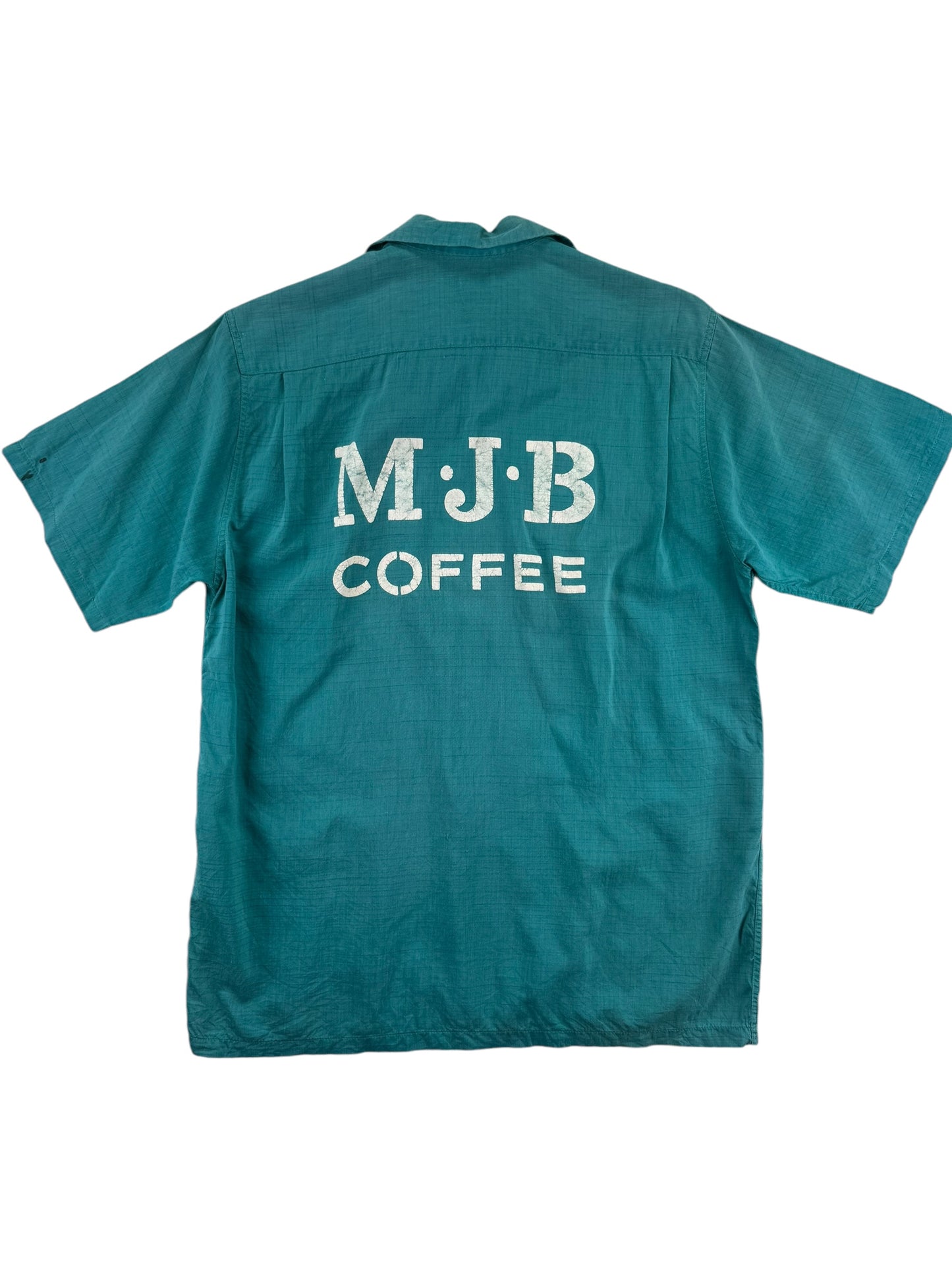 Back of 1950s Hale Niu MJB Coffee Hawaiian Grocery Bowling Shirt M