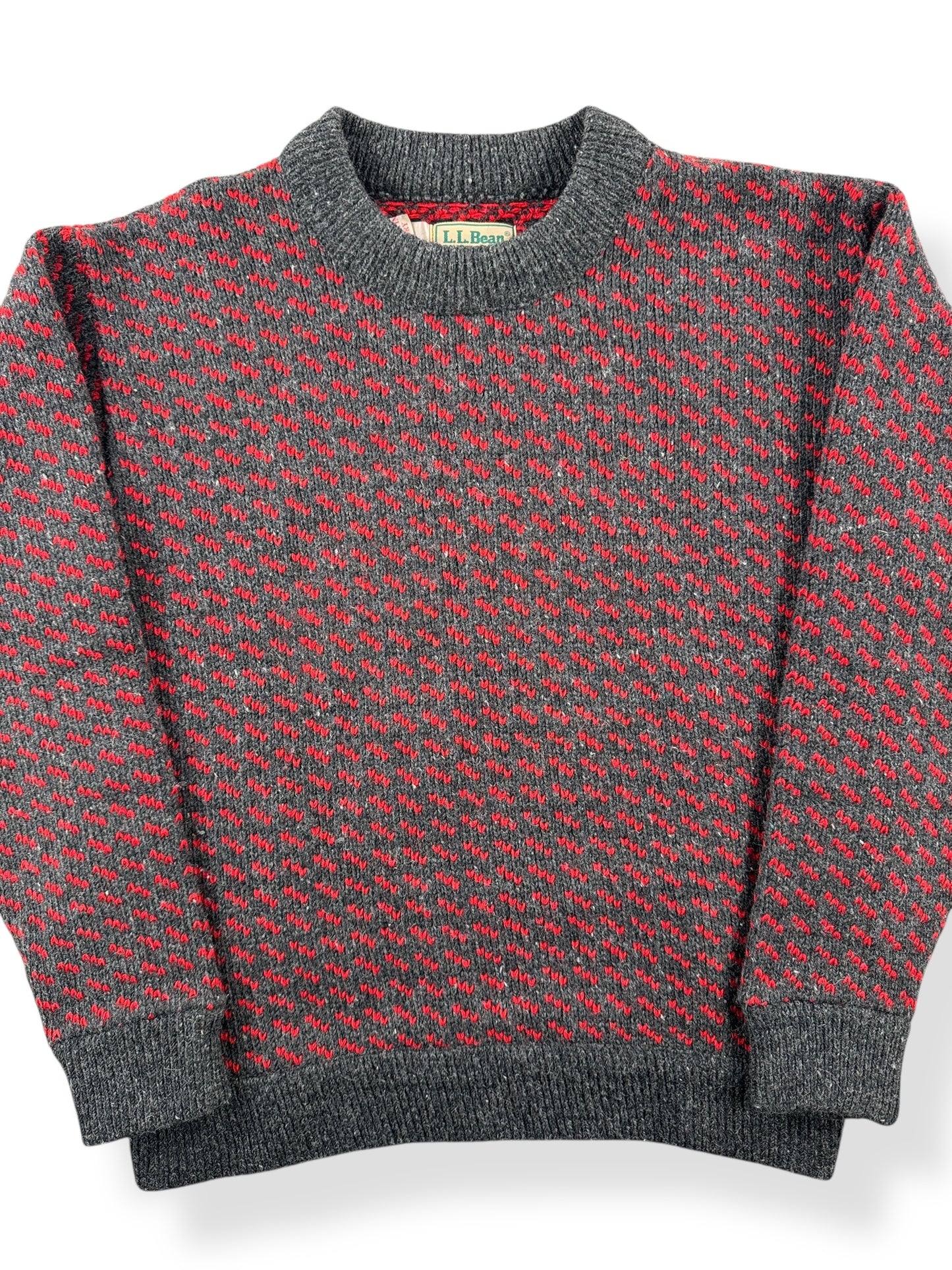 Front Close Up of Vintage Ladies LL Bean Birdseye Sweater Red & Grey SZ M
