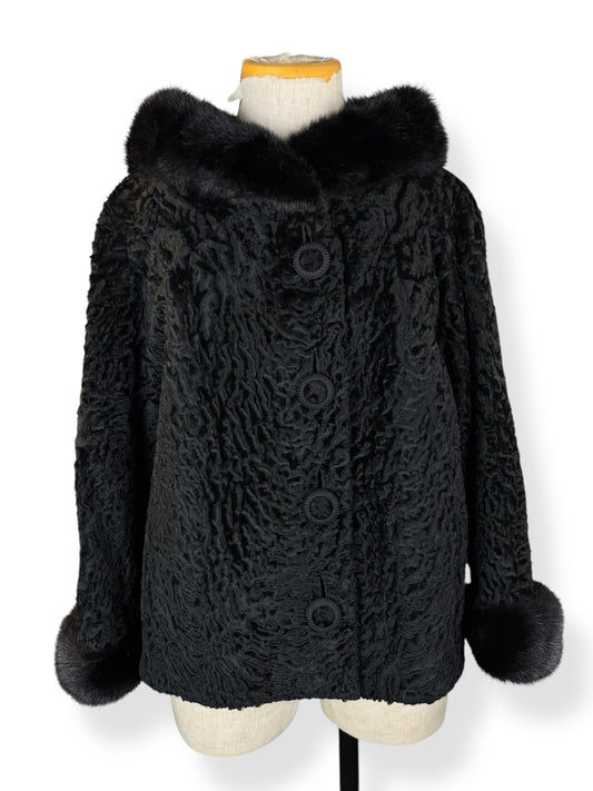 Front of 1960s Kermend Cropped Lam's Fur and Mink Coat L