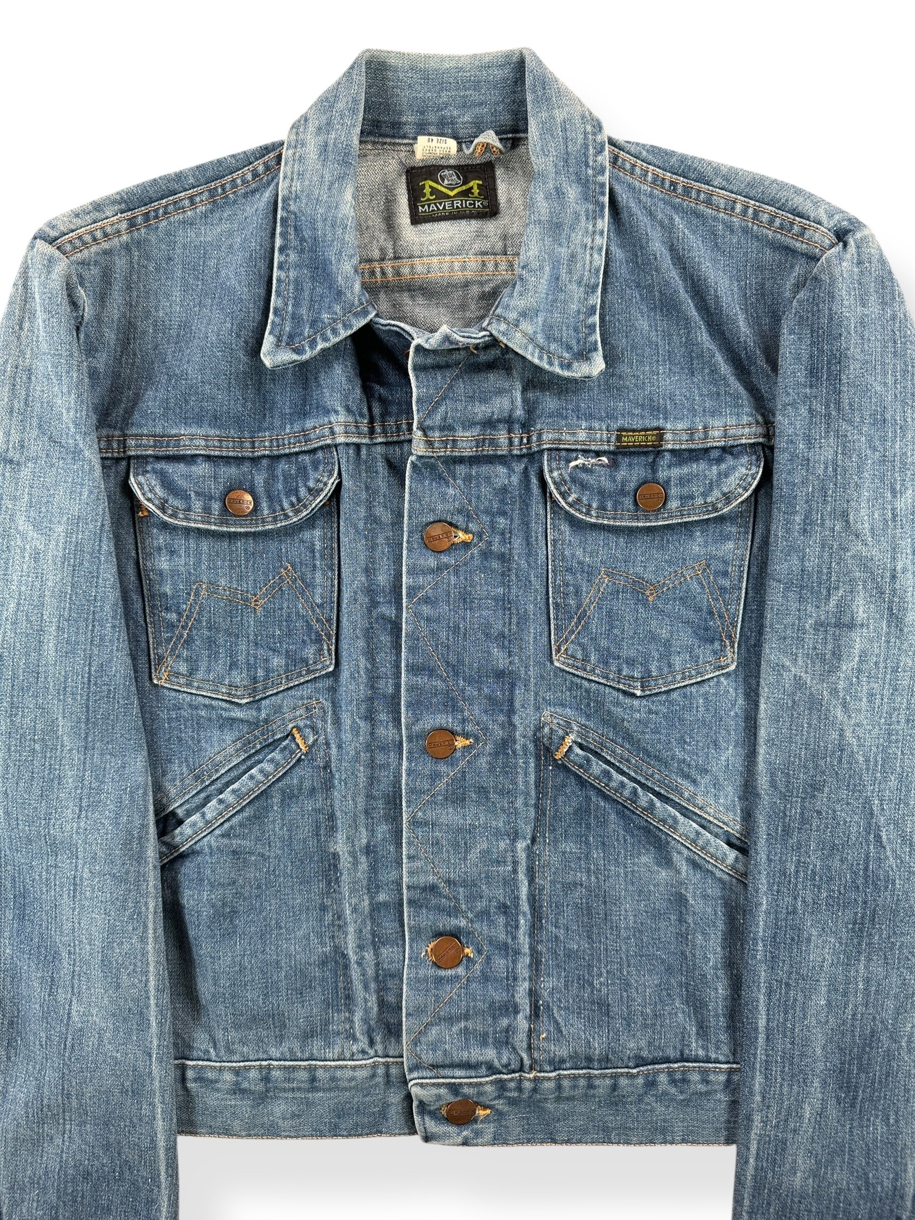 Front Close Up of Vintage Maverick Blue Bell Denim Jacket SZ 40